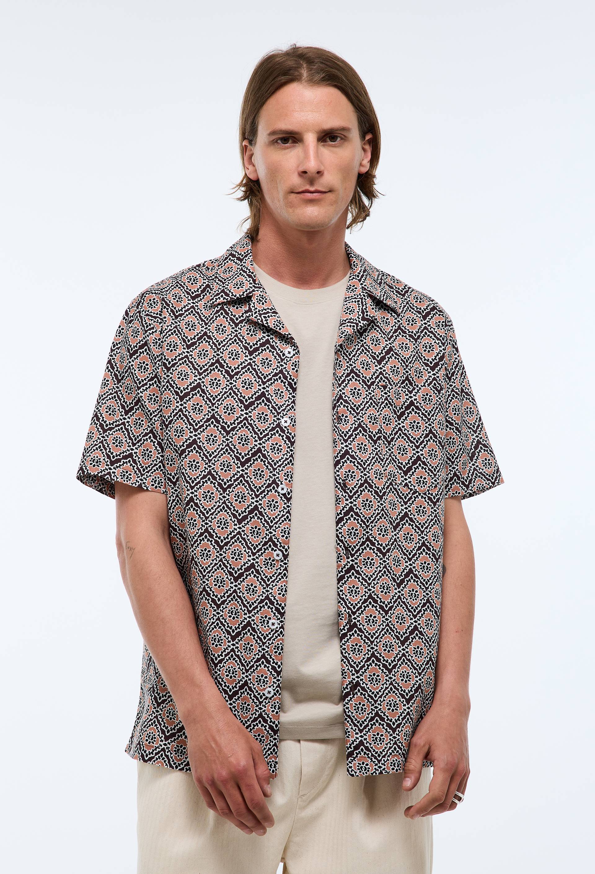 Chemise manches courtes imprim&eacute;s en coton bio GOTS, Brun clair, large image number 1