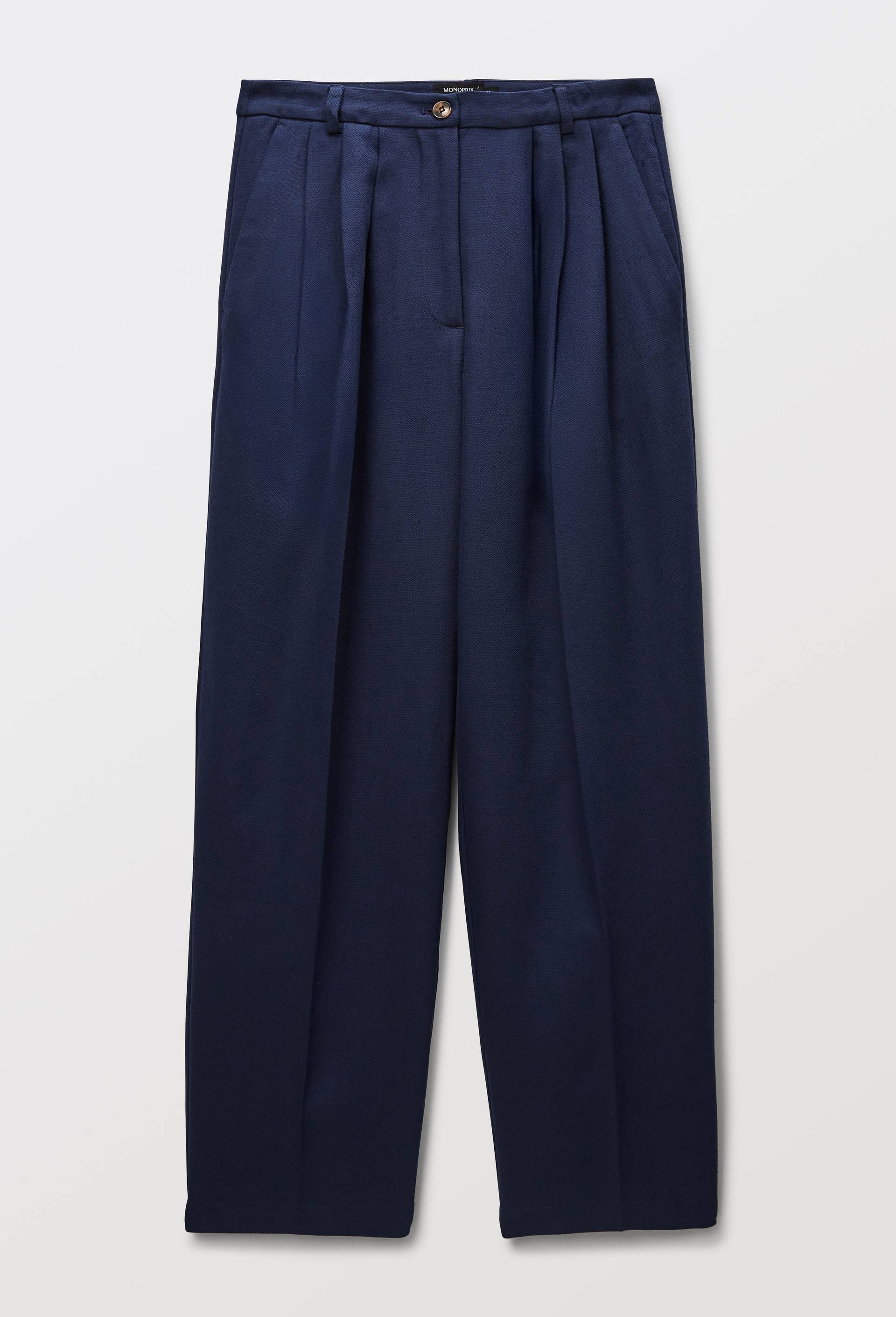 Pantalon fluide en coton et lin &agrave; pinces, Bleu fonc&eacute;, large image number 2