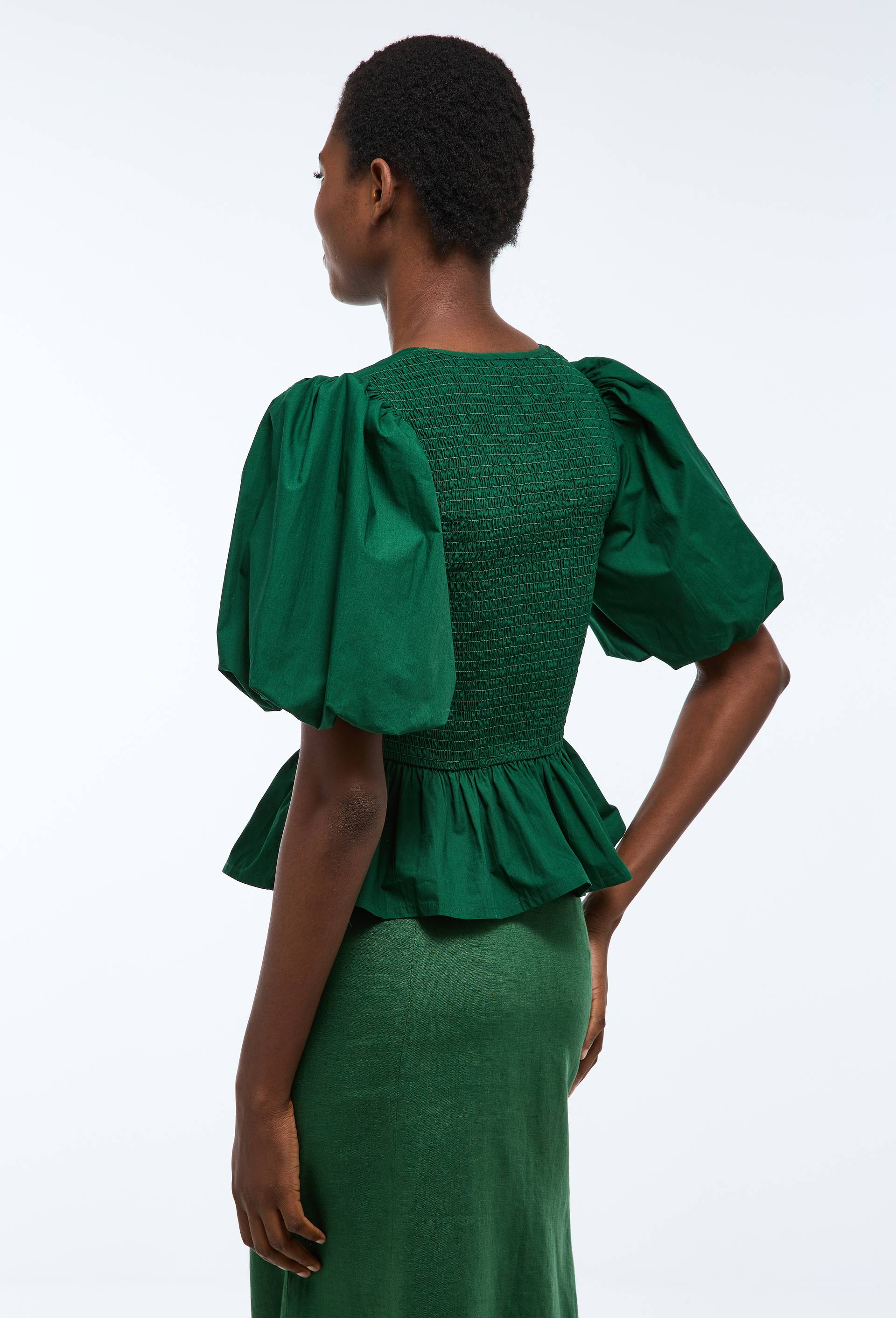 Top manches courtes avec smocks en coton BIO GOTS, Vert fonc&eacute;, large image number 1.0