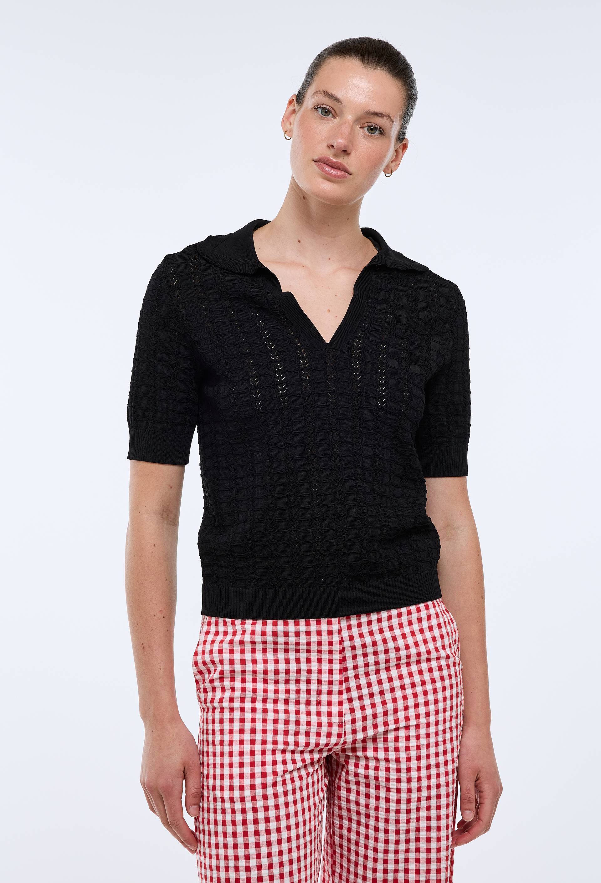 Pull manches courtes col claudine, Noir, swatch image