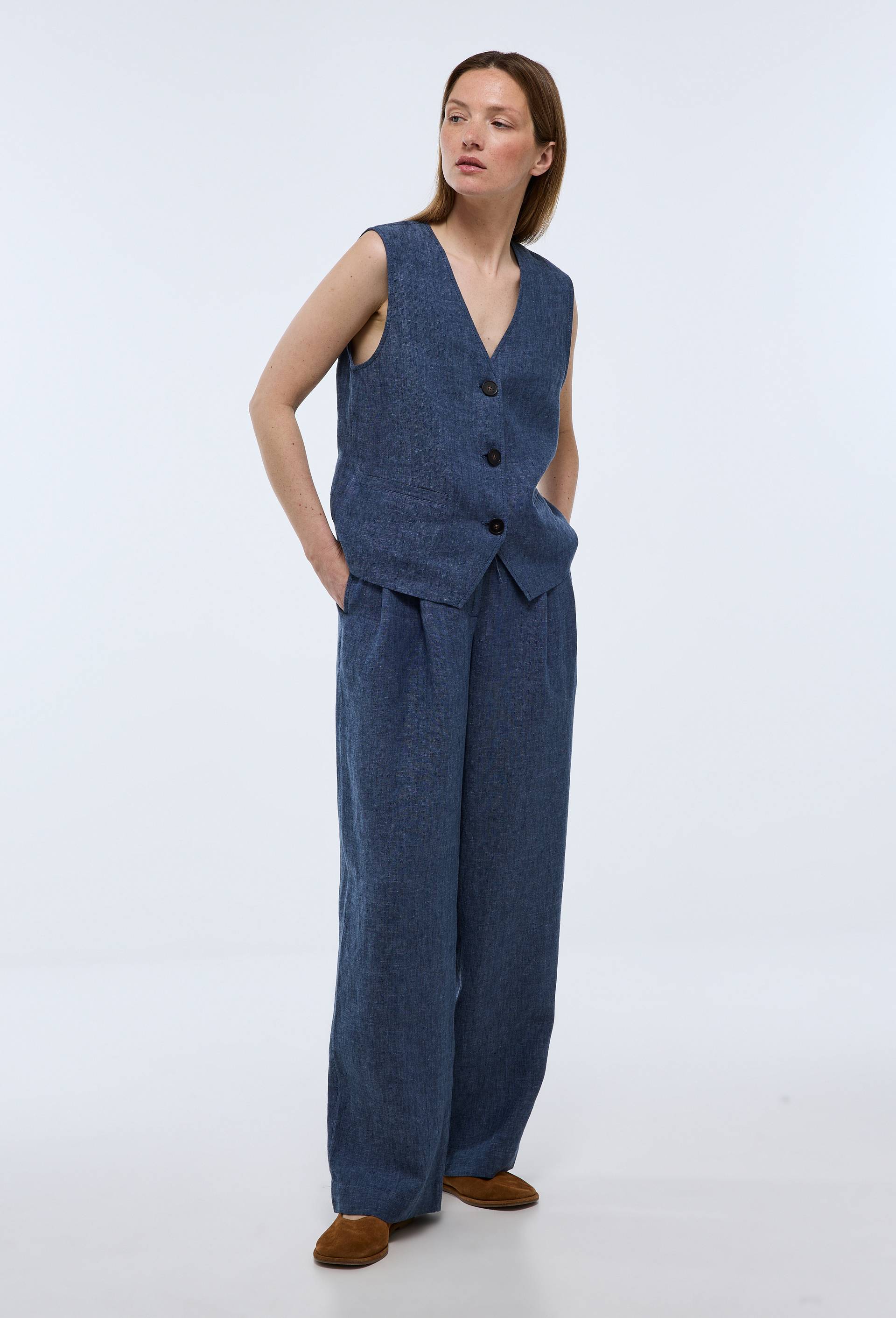Pantalon en lin &agrave; taille &eacute;lastiqu&eacute;e, Bleu fonc&eacute;, large image number 1