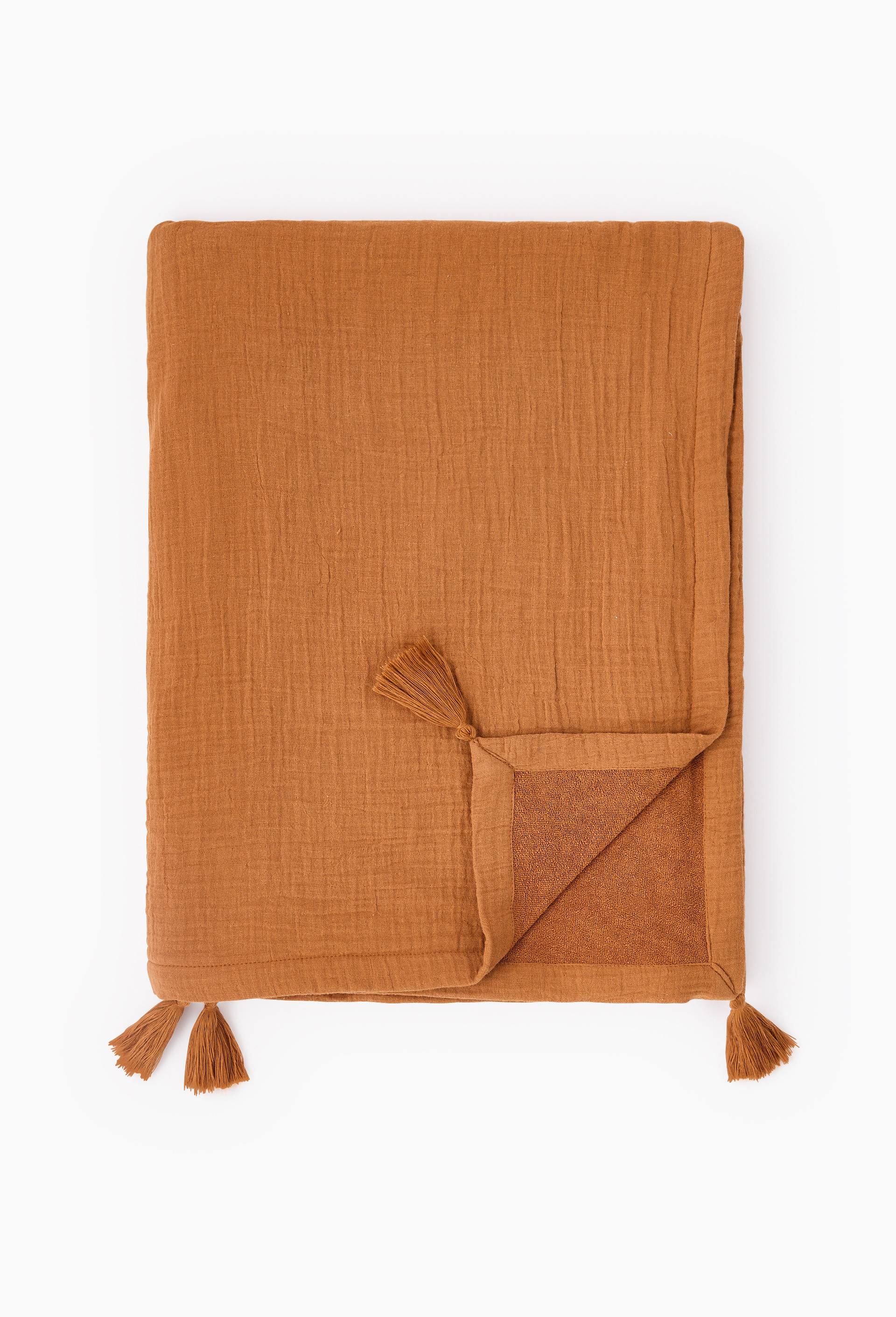 Fouta doubl&eacute;e en gaze de coton unie, 100x180cm. Ext&eacute;rieur en coton issu de l'agriculture biologique, doublure en &eacute;ponge, Brun, large image number 0.0