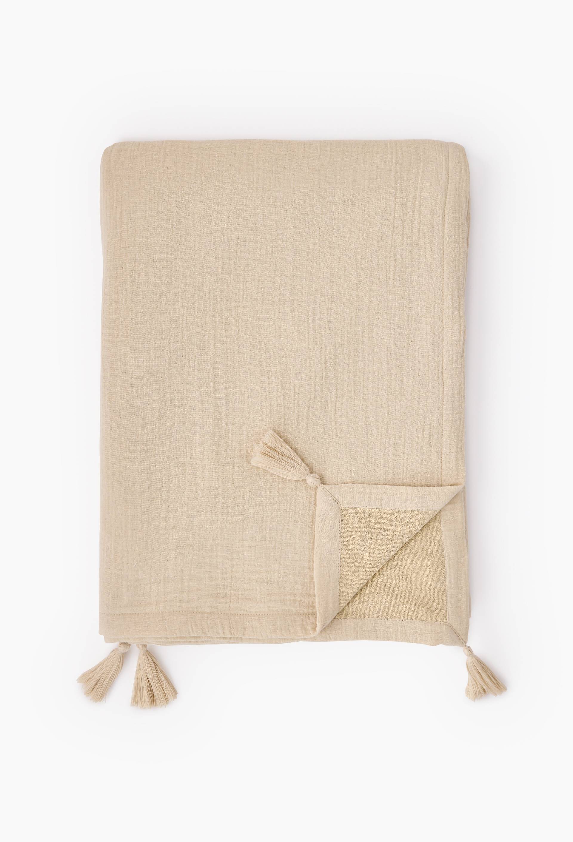 Fouta doubl&eacute;e en gaze de coton unie, 100x180cm. Ext&eacute;rieur en coton issu de l'agriculture biologique, doublure en &eacute;ponge, Beige, large image number 0.0