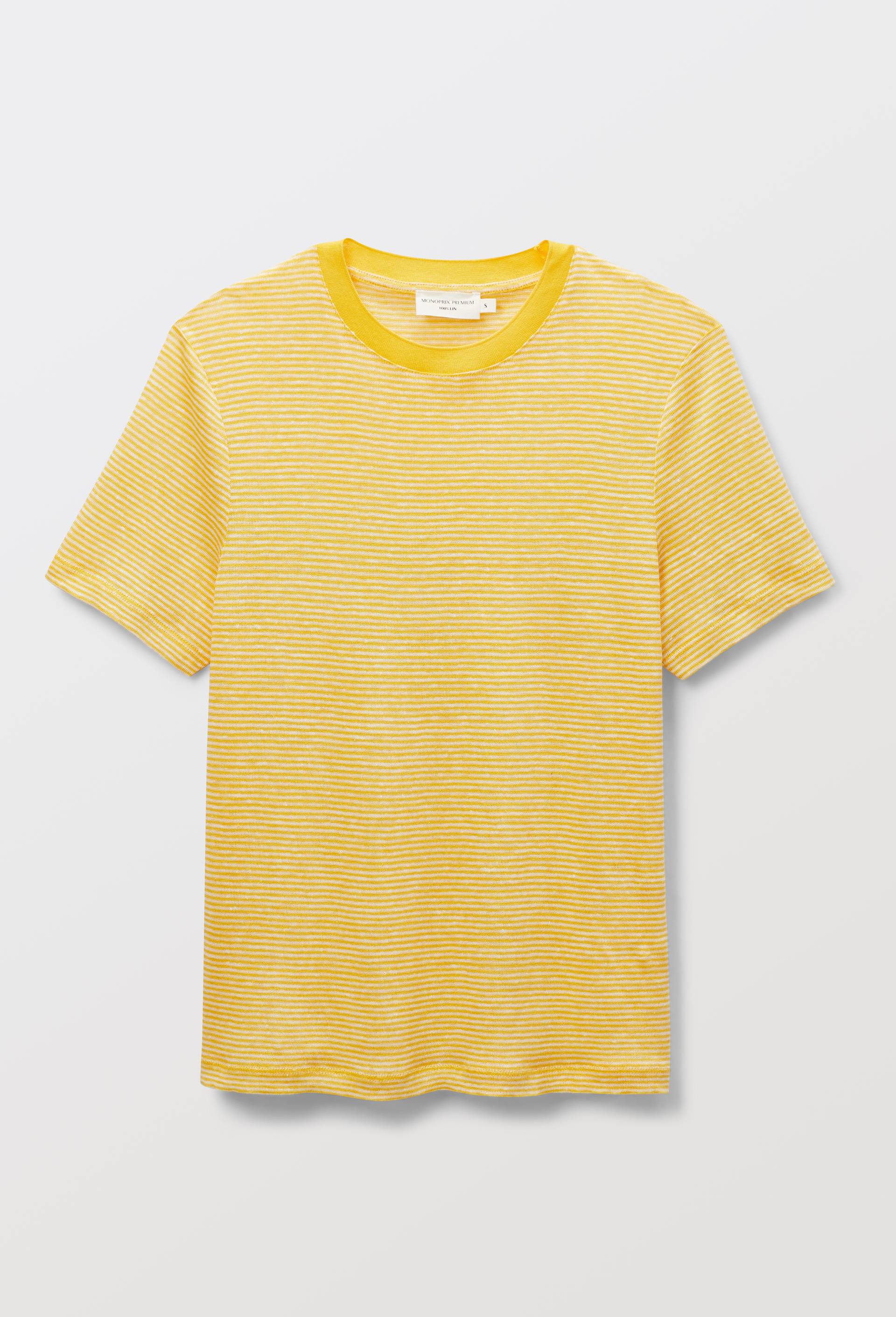 T-shirt &agrave; manches courtes ray&eacute; en lin, Jaune, large image number 2.0