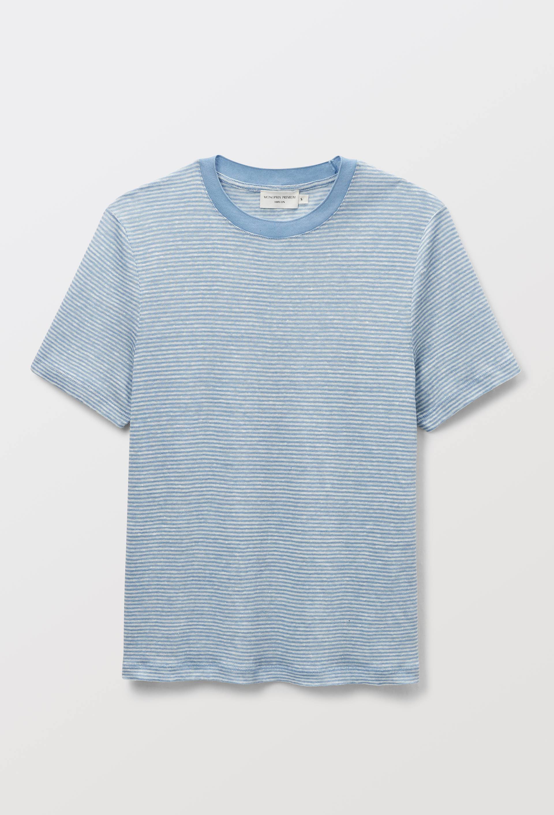 T-shirt &agrave; manches courtes ray&eacute; en lin, Bleu, large image number 2.0
