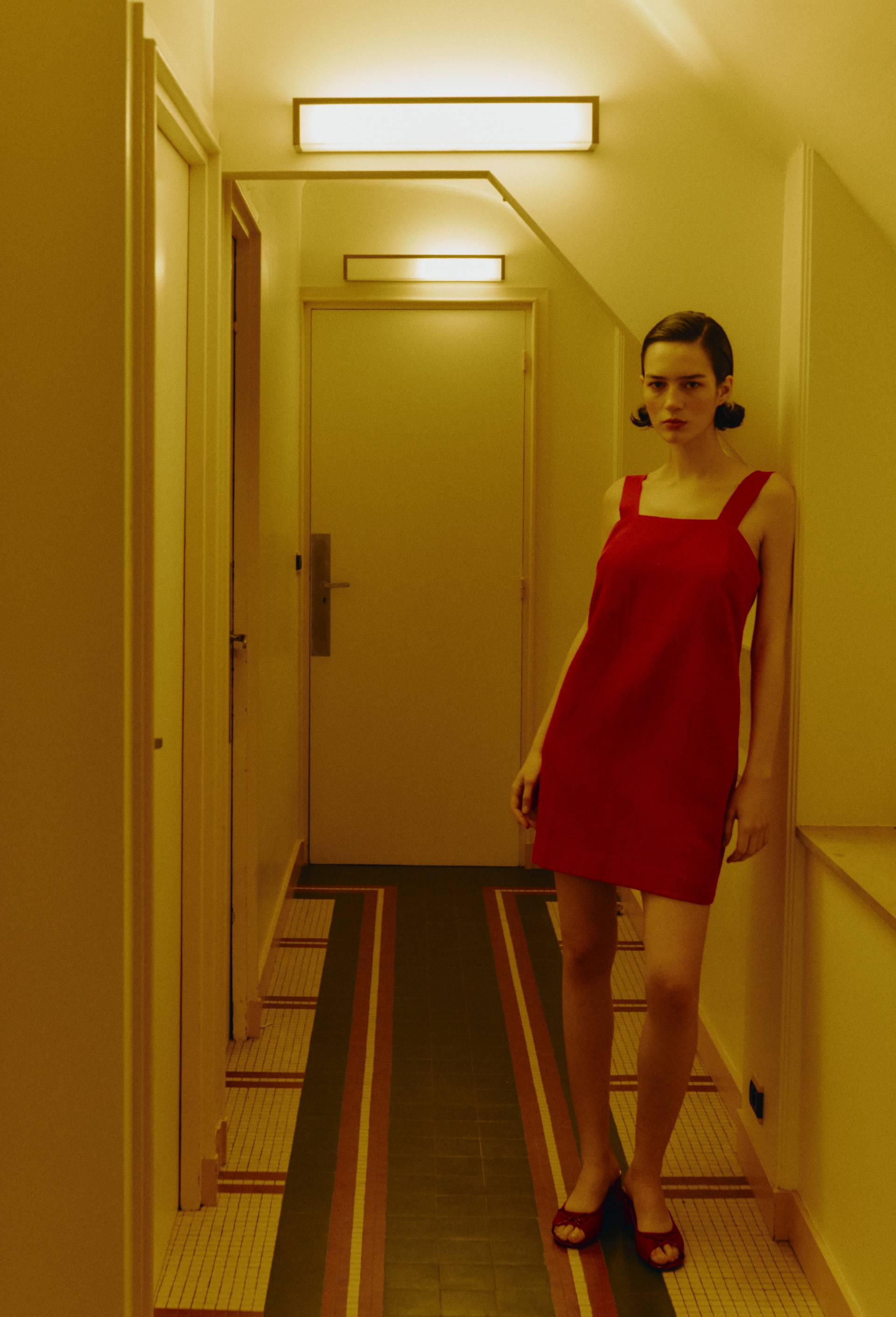Robe courte unie en coton lin, Rouge, large image number 0