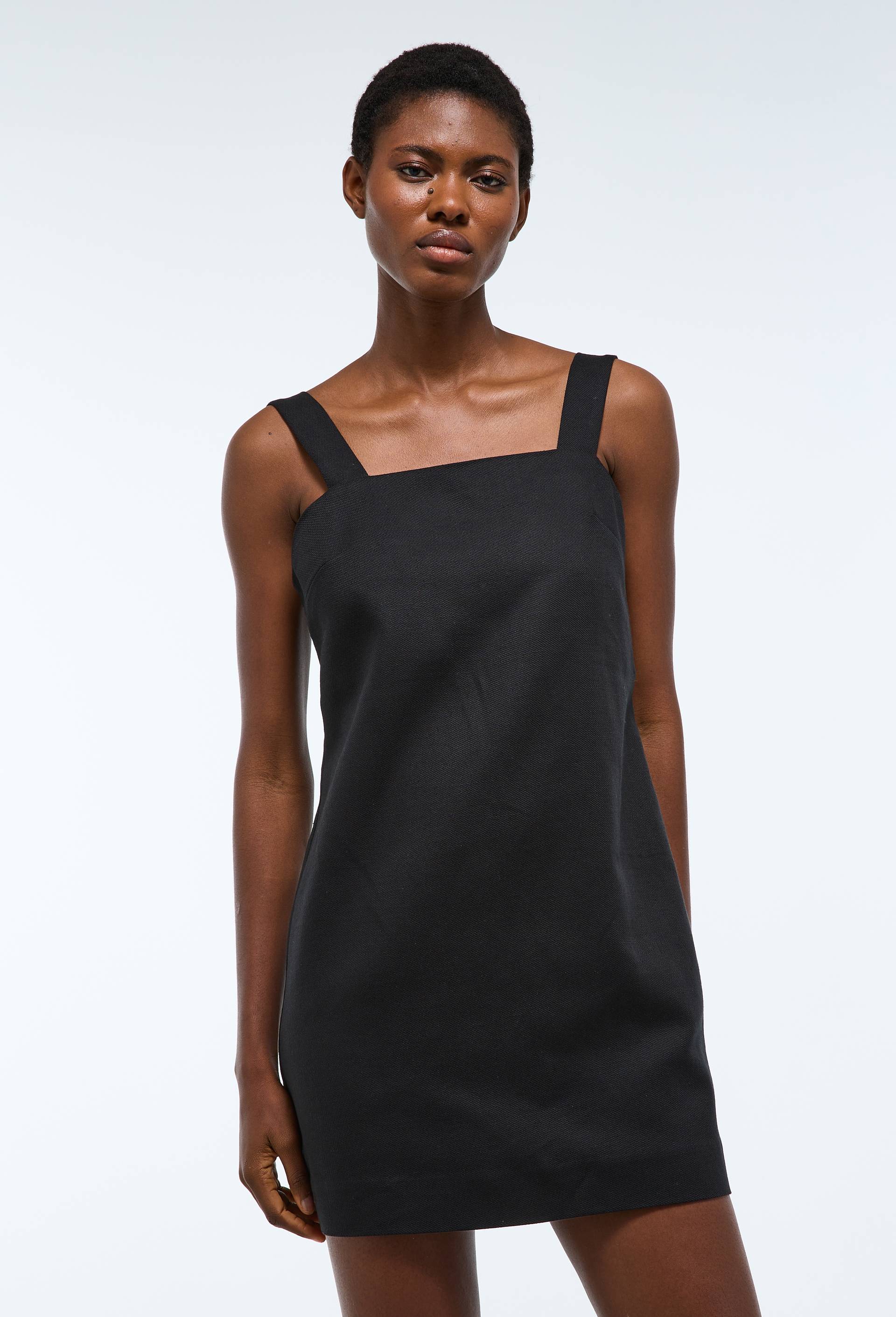 Robe courte unie en coton lin, Noir, large image number 0.0