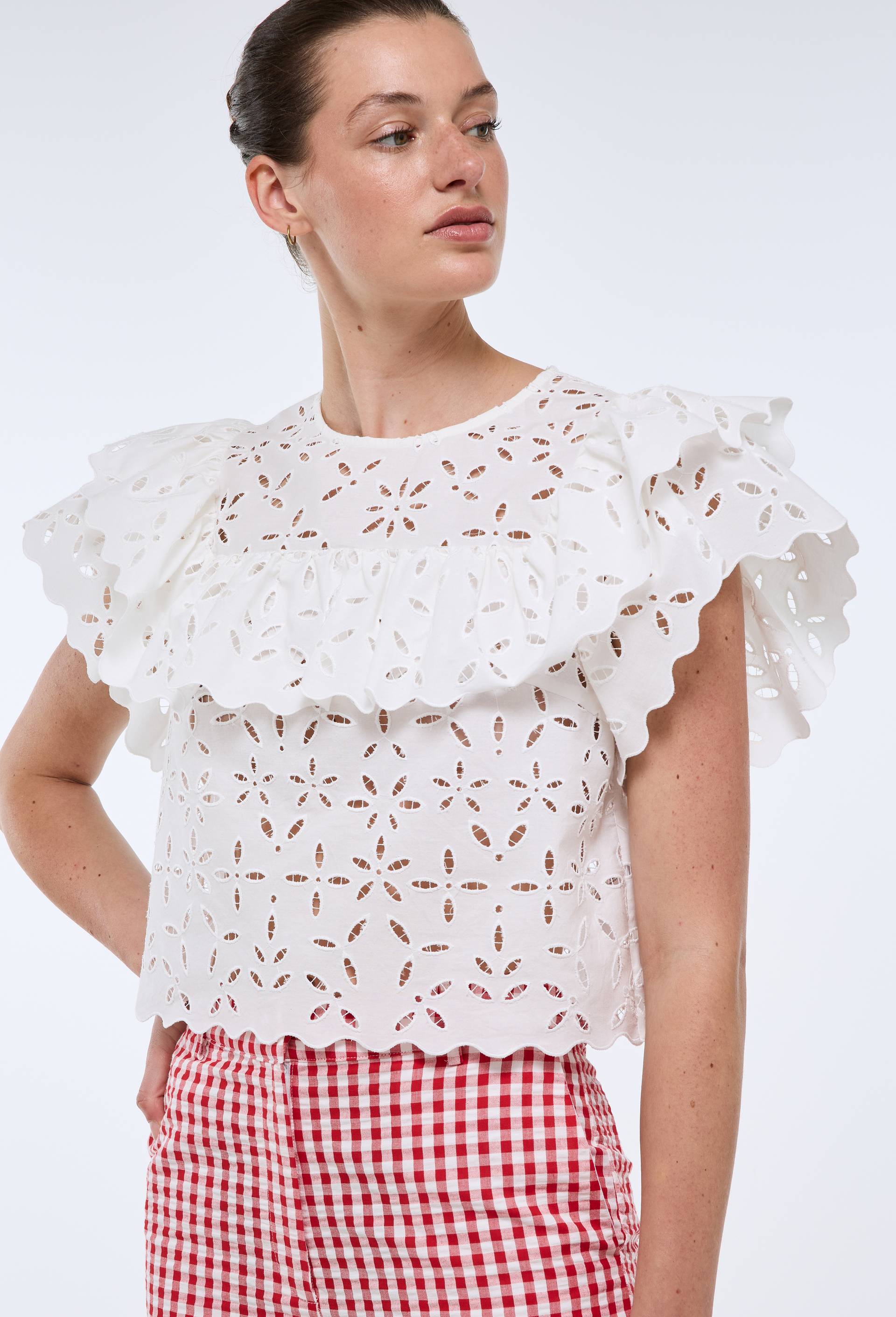 Blouse manches courtes avec broderie en coton, Blanc, large image number 0