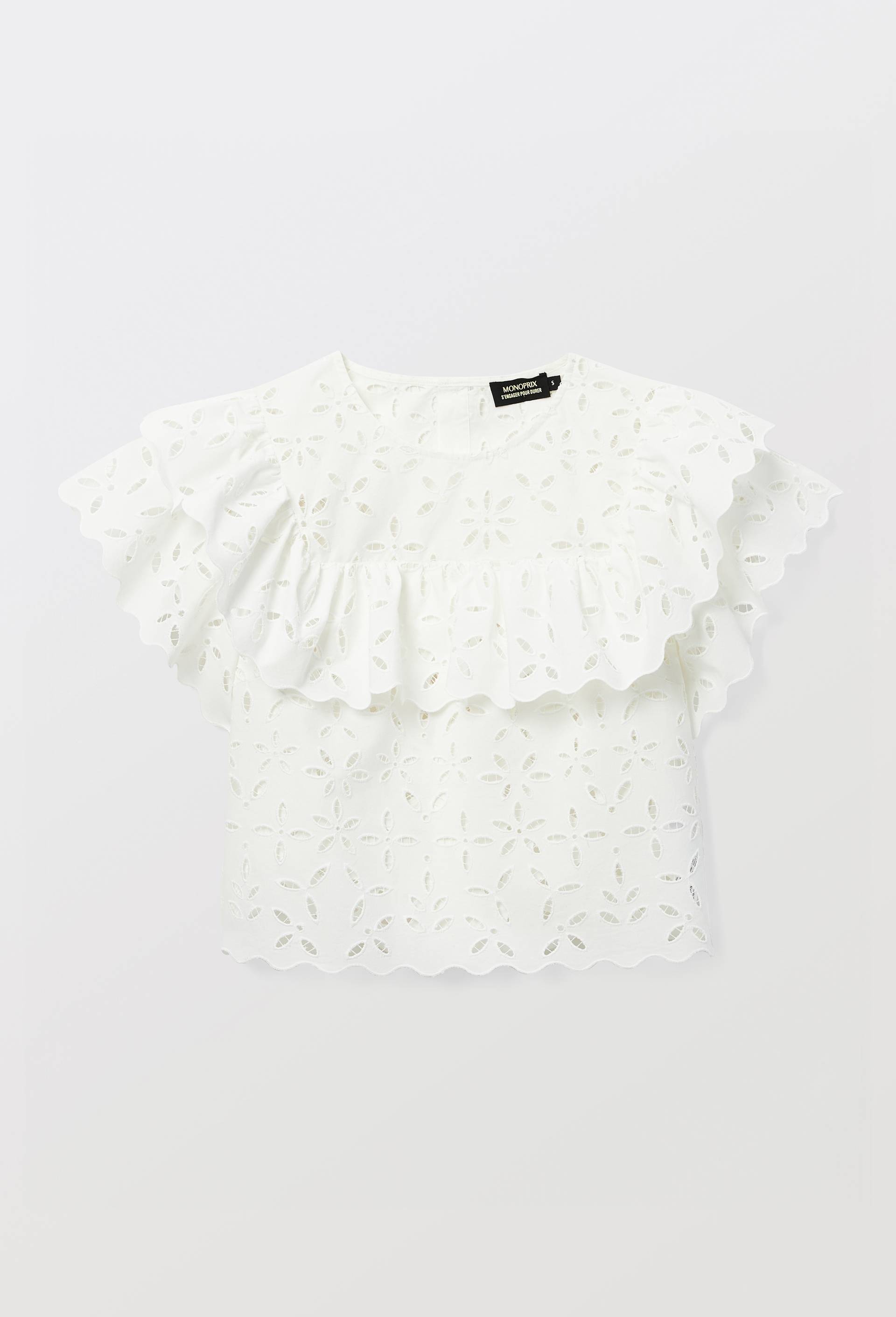 Blouse manches courtes avec broderie en coton, Blanc, large image number 2.0