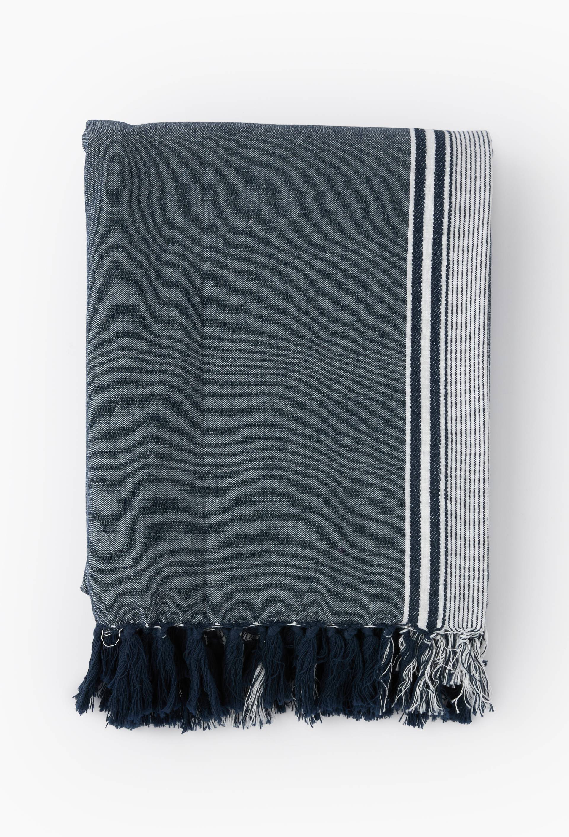 Fouta grande taille, tiss&eacute;e teint ray&eacute;, 180x200cm, 100% coton bio, GOTS, Bleu fonc&eacute;, large image number 0.0
