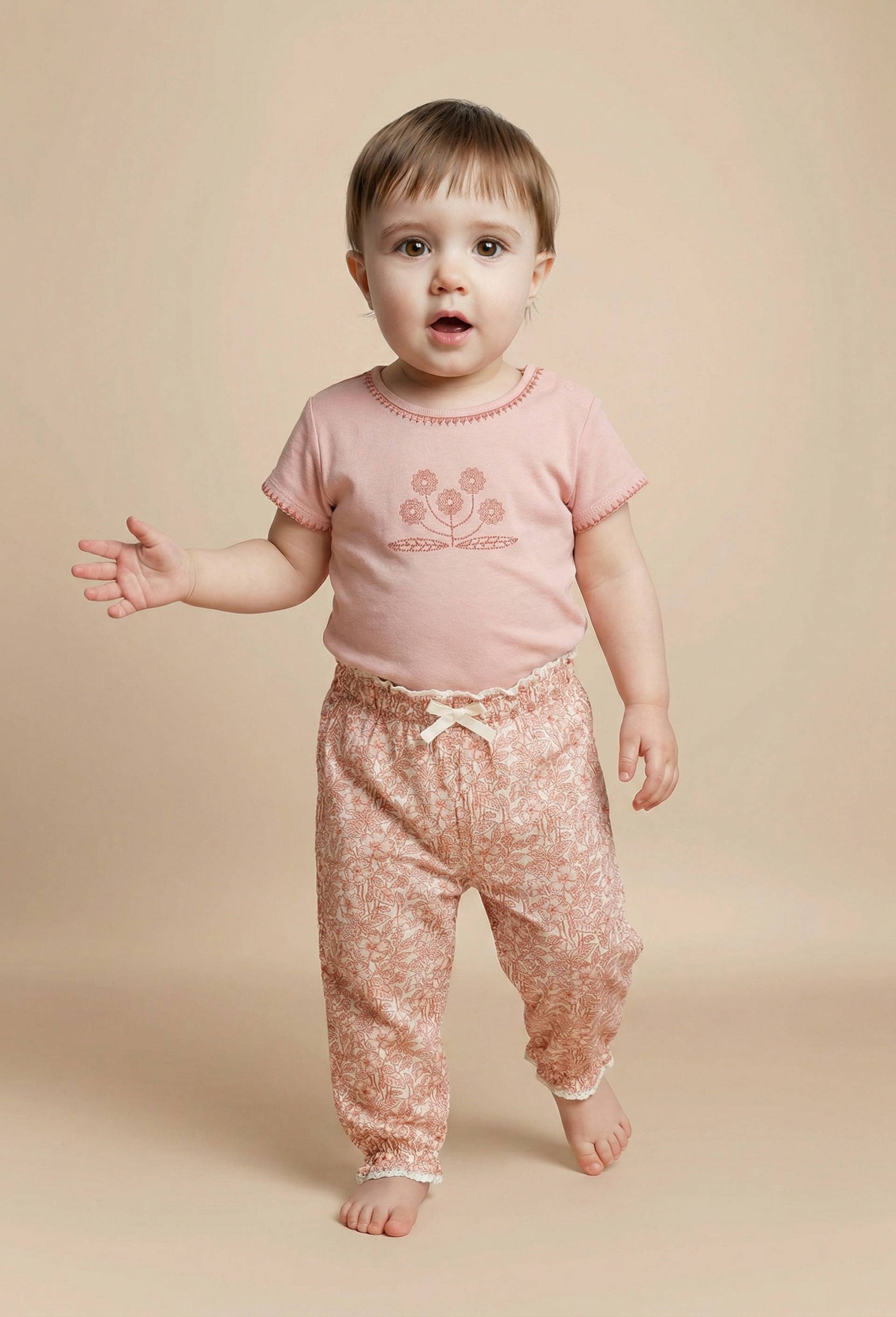 Pantalon taille &eacute;lastique imprim&eacute; en coton, Beige clair, large image number 0