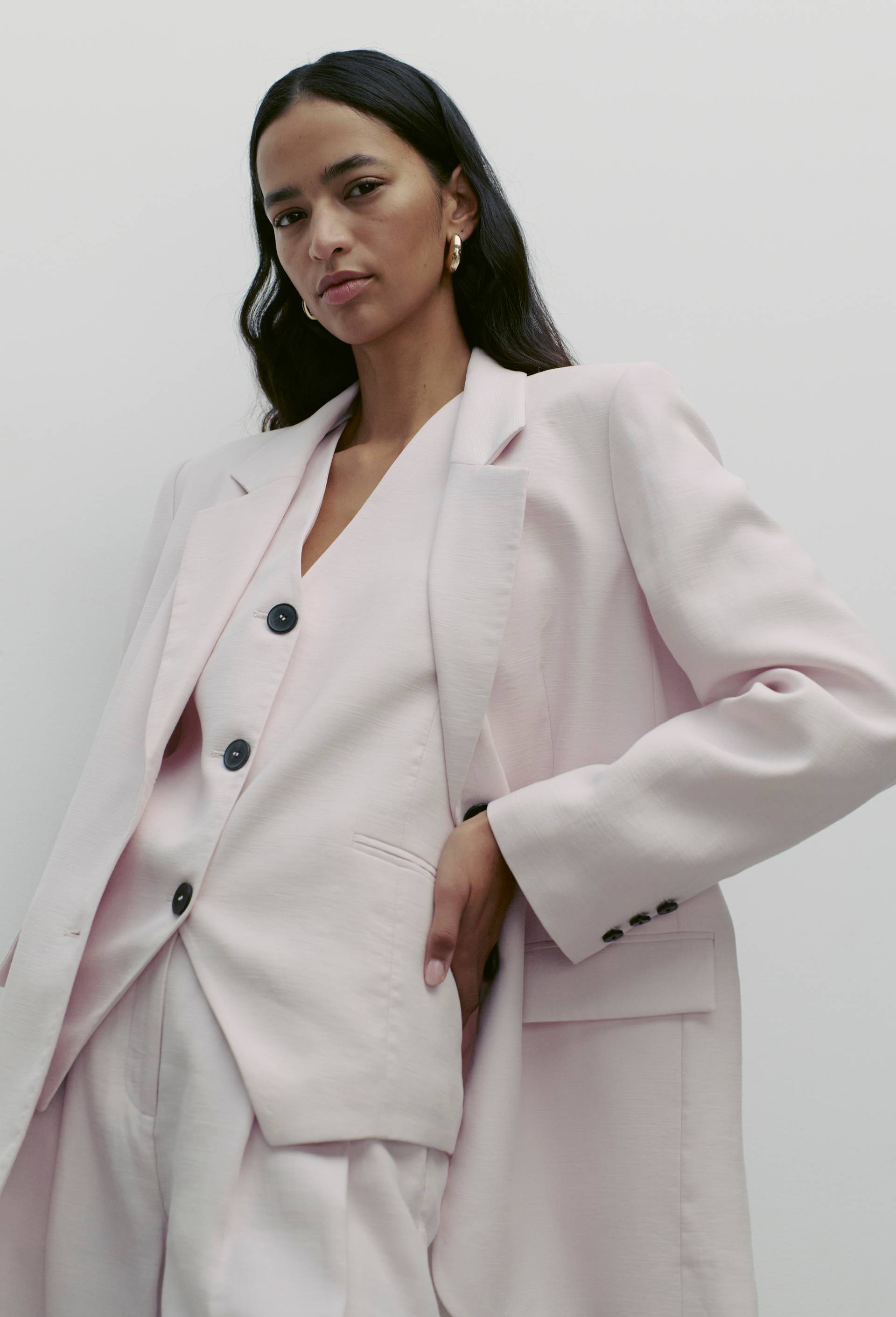 Blazer crois&eacute; manches longues contenant du coton, Rose clair, large