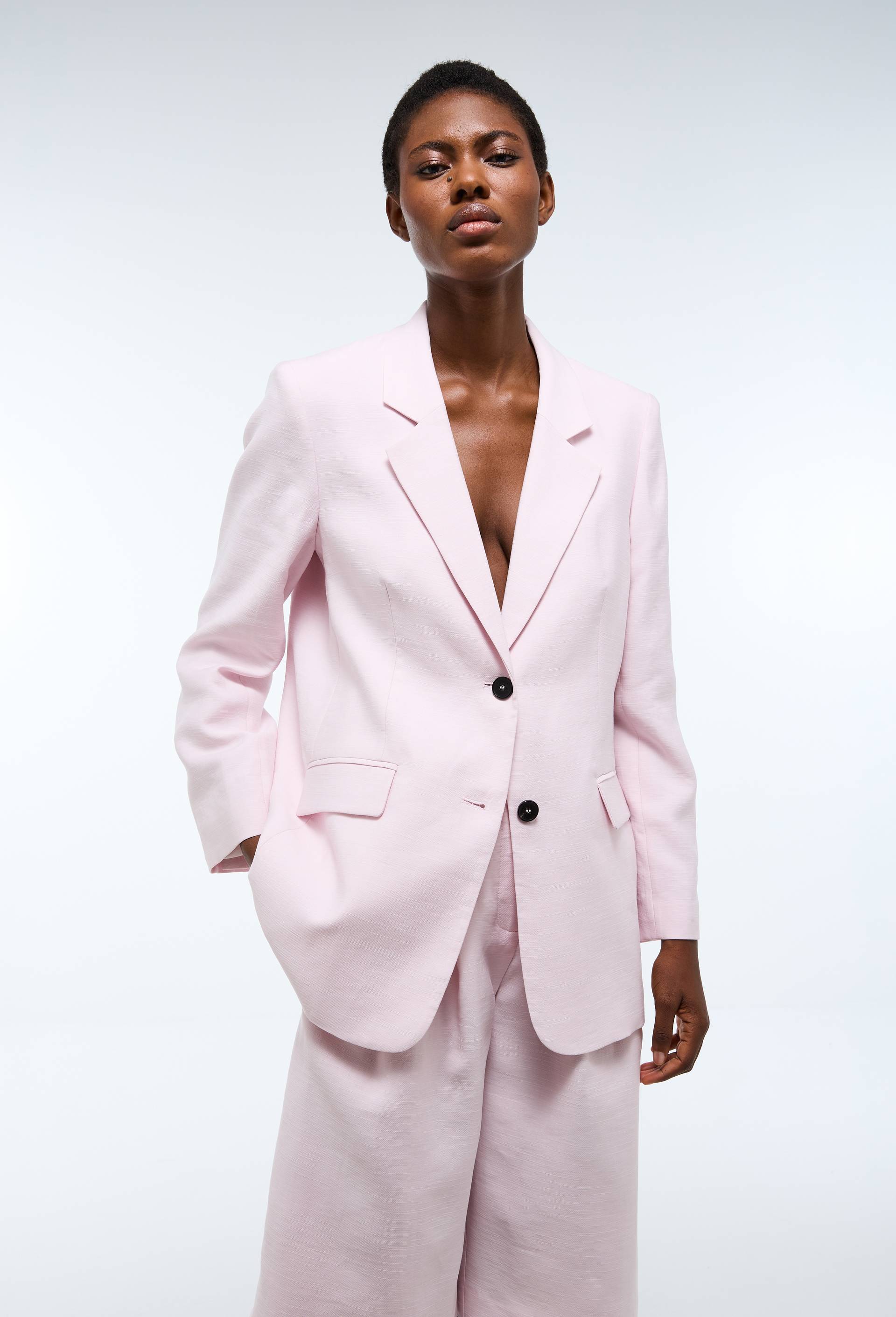 Blazer crois&eacute; manches longues contenant du coton, Rose clair, large