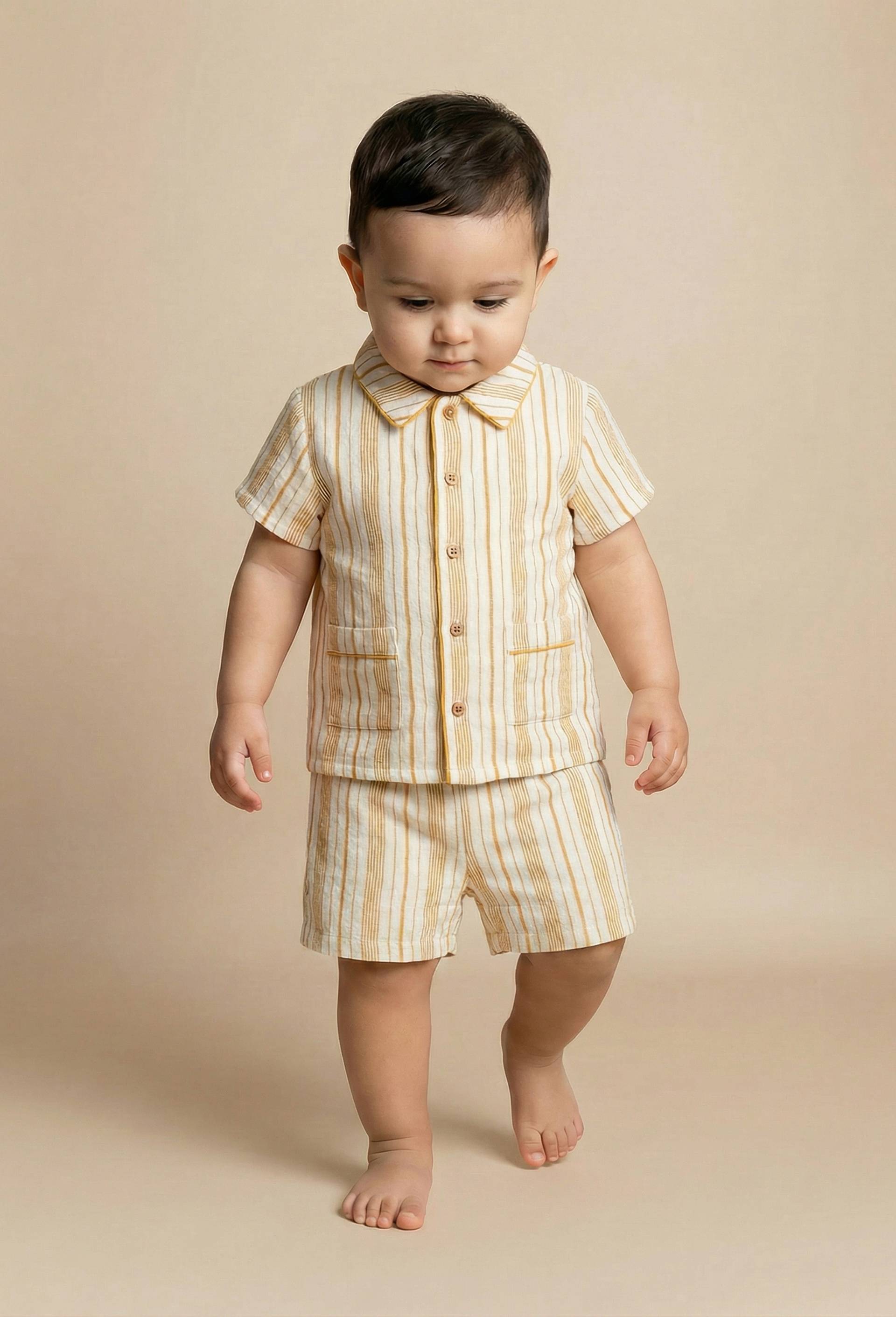 Ensemble chemise manches courtes et short ray&eacute;s en gaze de coton BIO GOTS, Jaune, large image number 2
