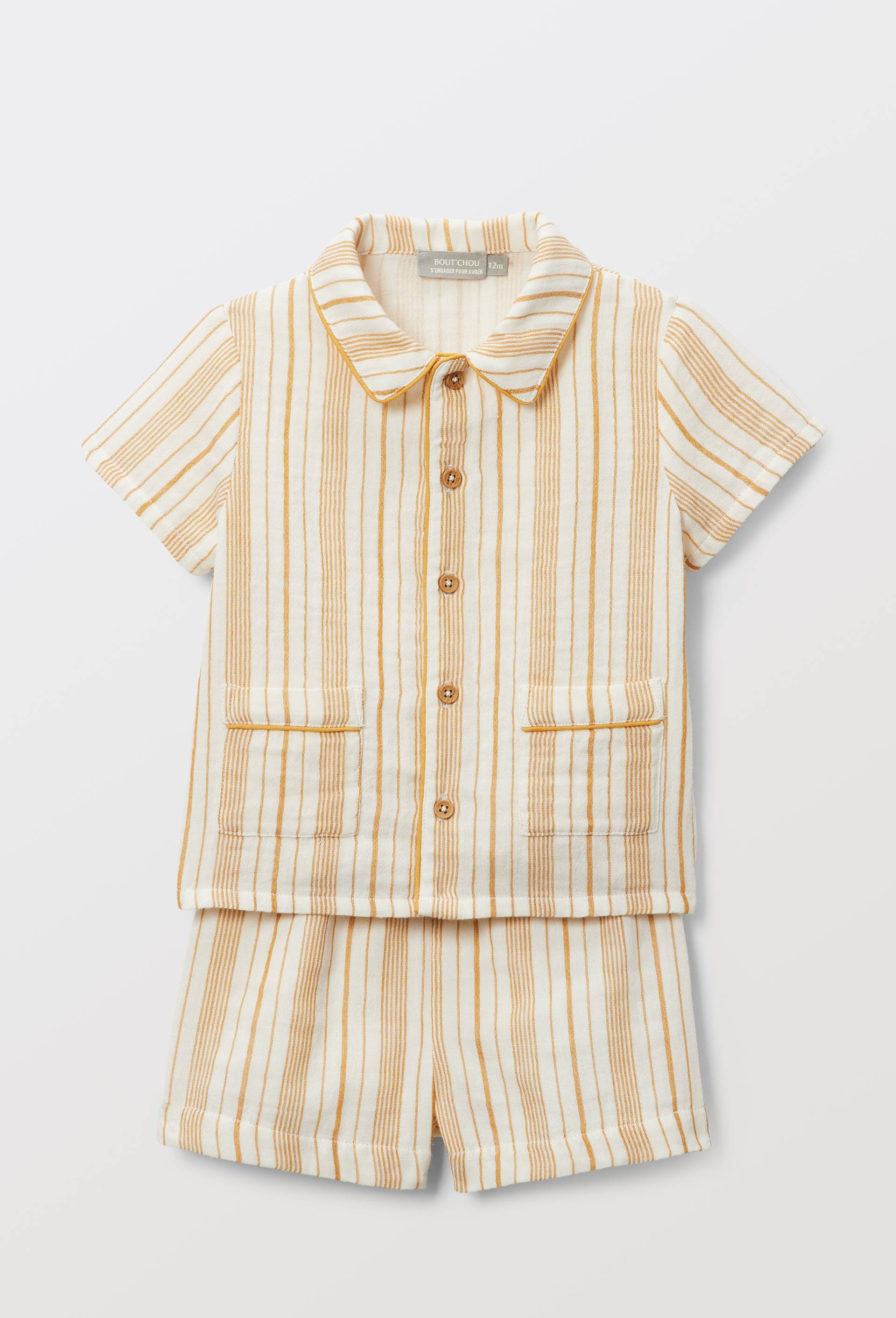 Ensemble chemise manches courtes et short ray&eacute;s en gaze de coton BIO GOTS, Jaune, large image number 3.0