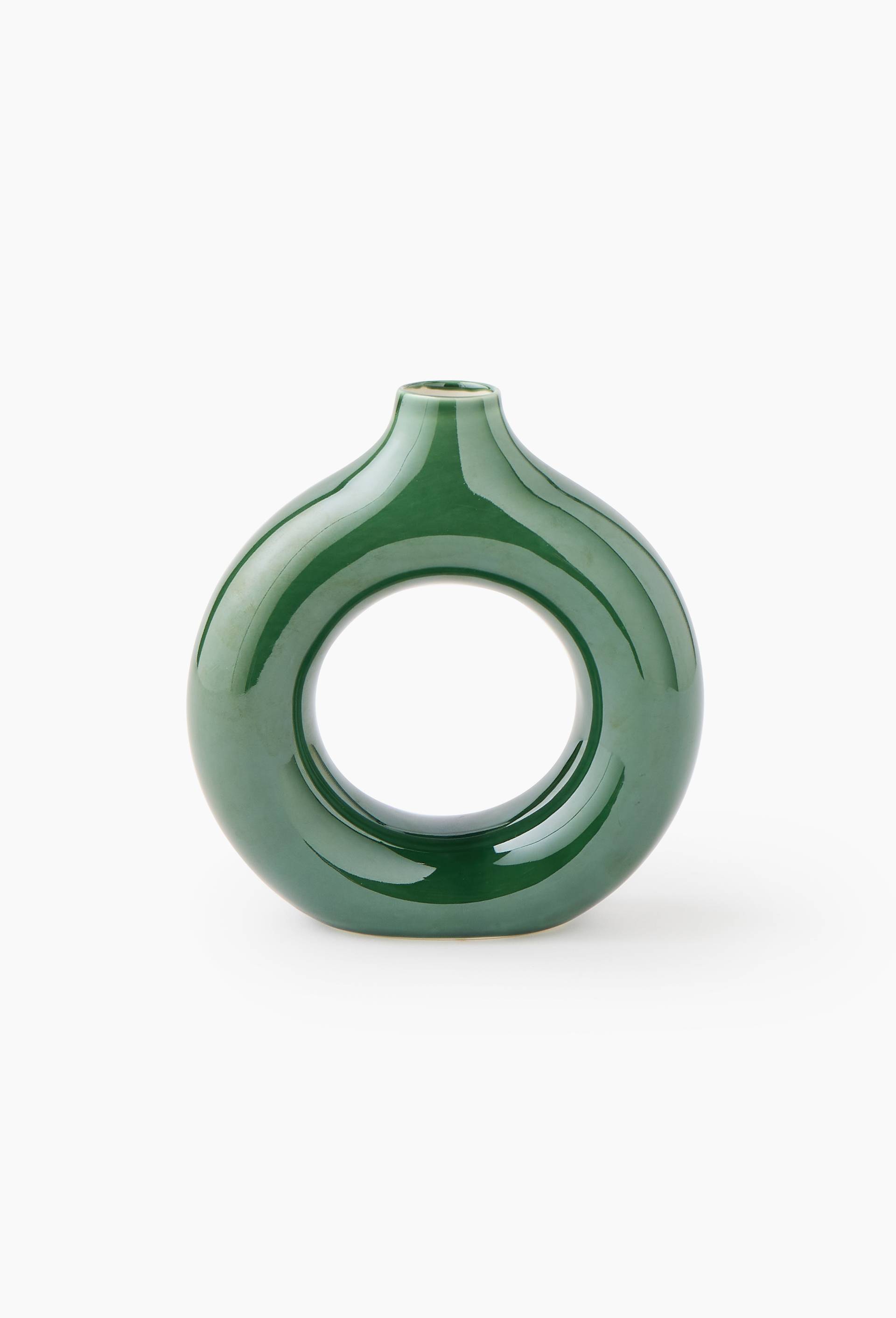 Vase cercle,19x6x19,7cm, en gr&egrave;s, Vert, large image number 0.0