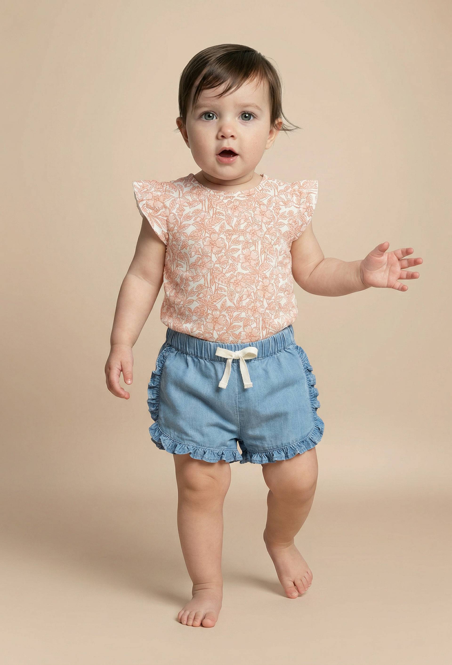 T-shirt manches courtes &agrave; volants imprim&eacute; en coton BIO GOTS, Beige clair, large image number 0