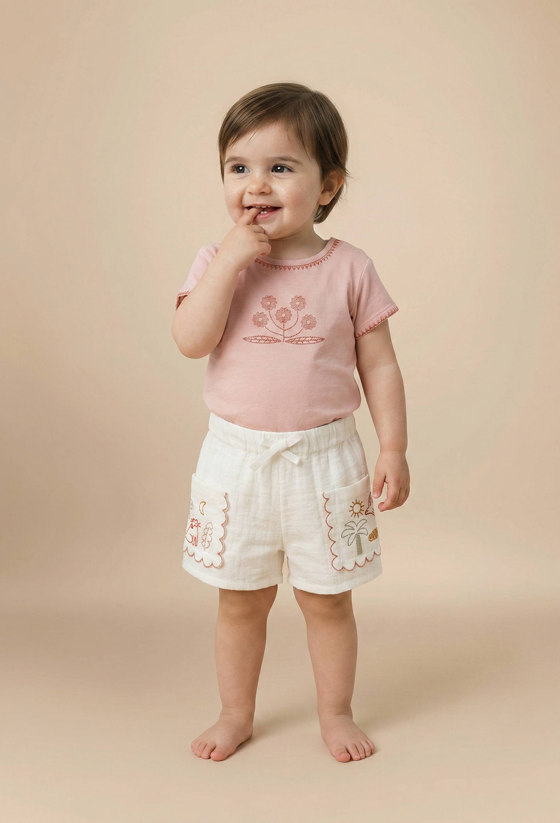 Short uni broderies poches  en gaze de coton, Beige clair, large image number 0