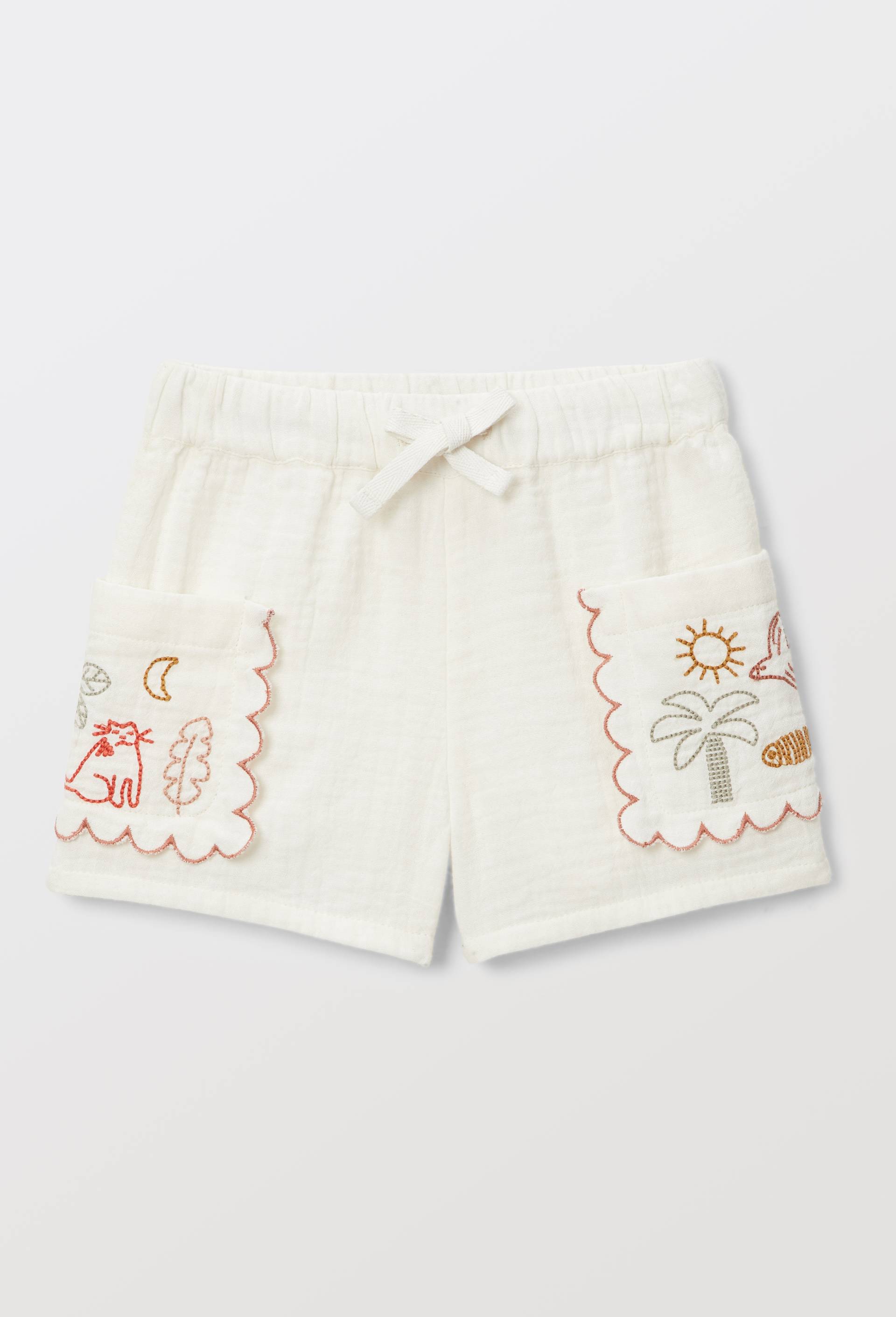 Short uni broderies poches  en gaze de coton, Beige clair, large image number 1