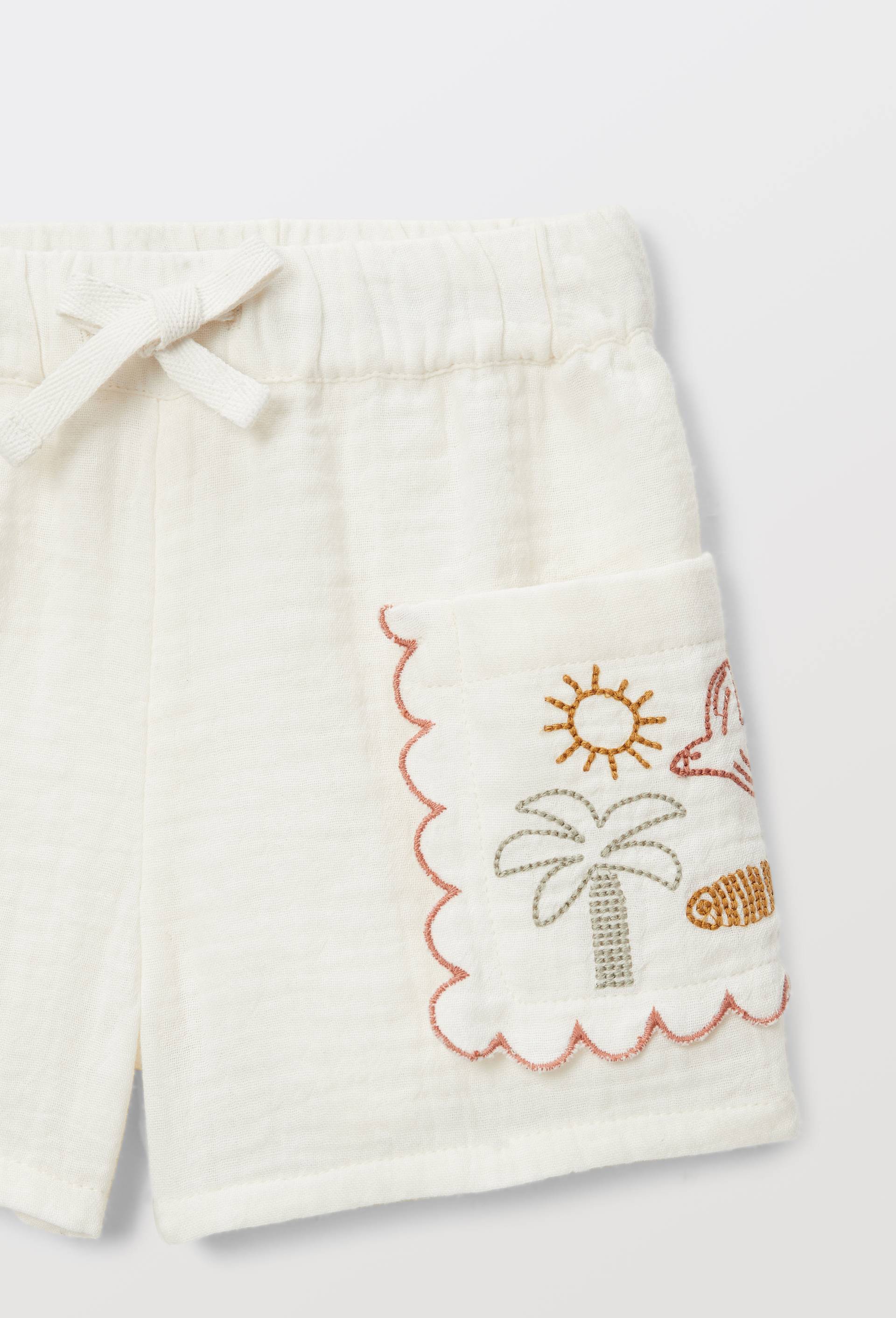 Short uni broderies poches  en gaze de coton, Beige clair, large image number 3