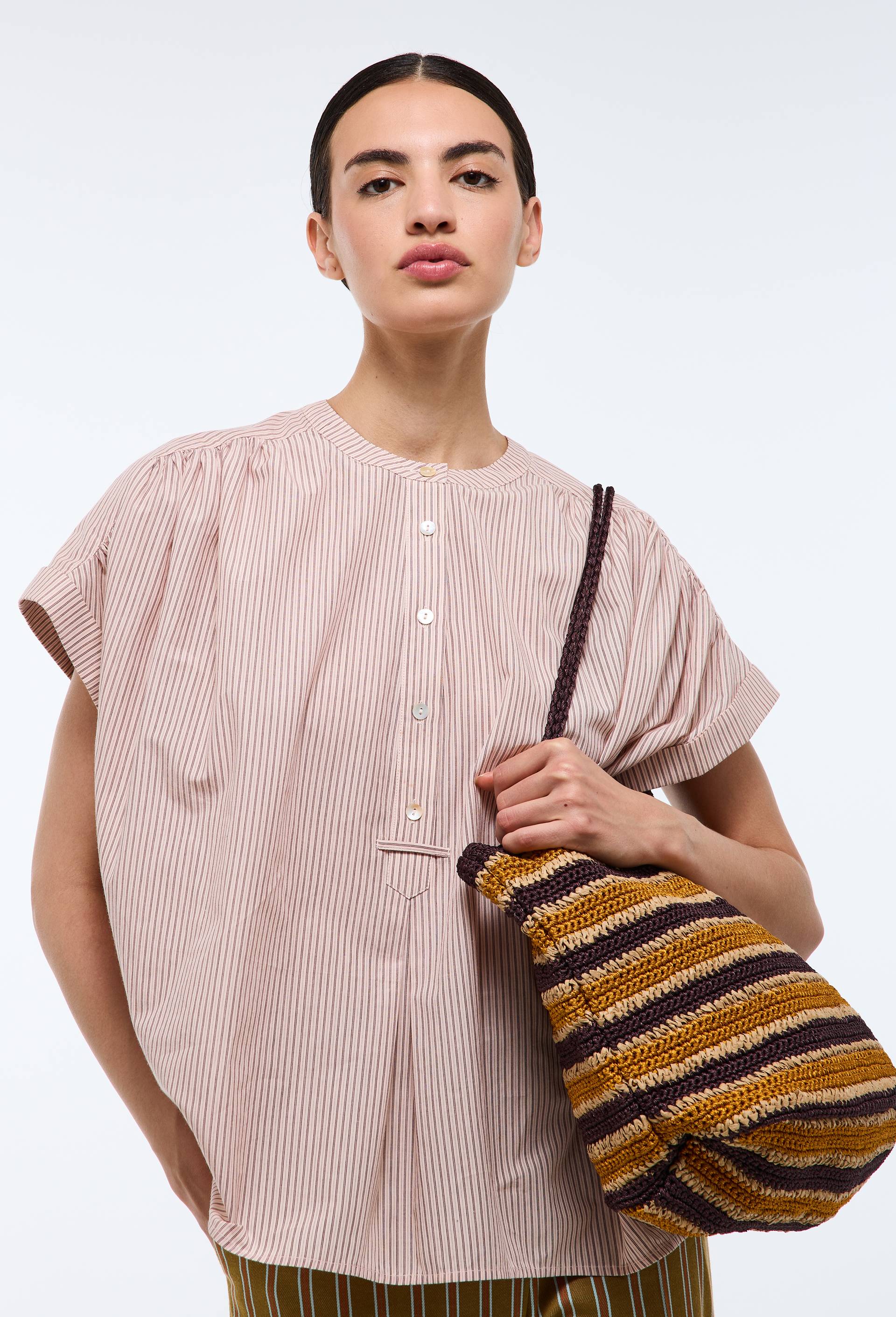 Blouse manches courtes ray&eacute;e en coton BIO GOTS, Rose, large image number 0