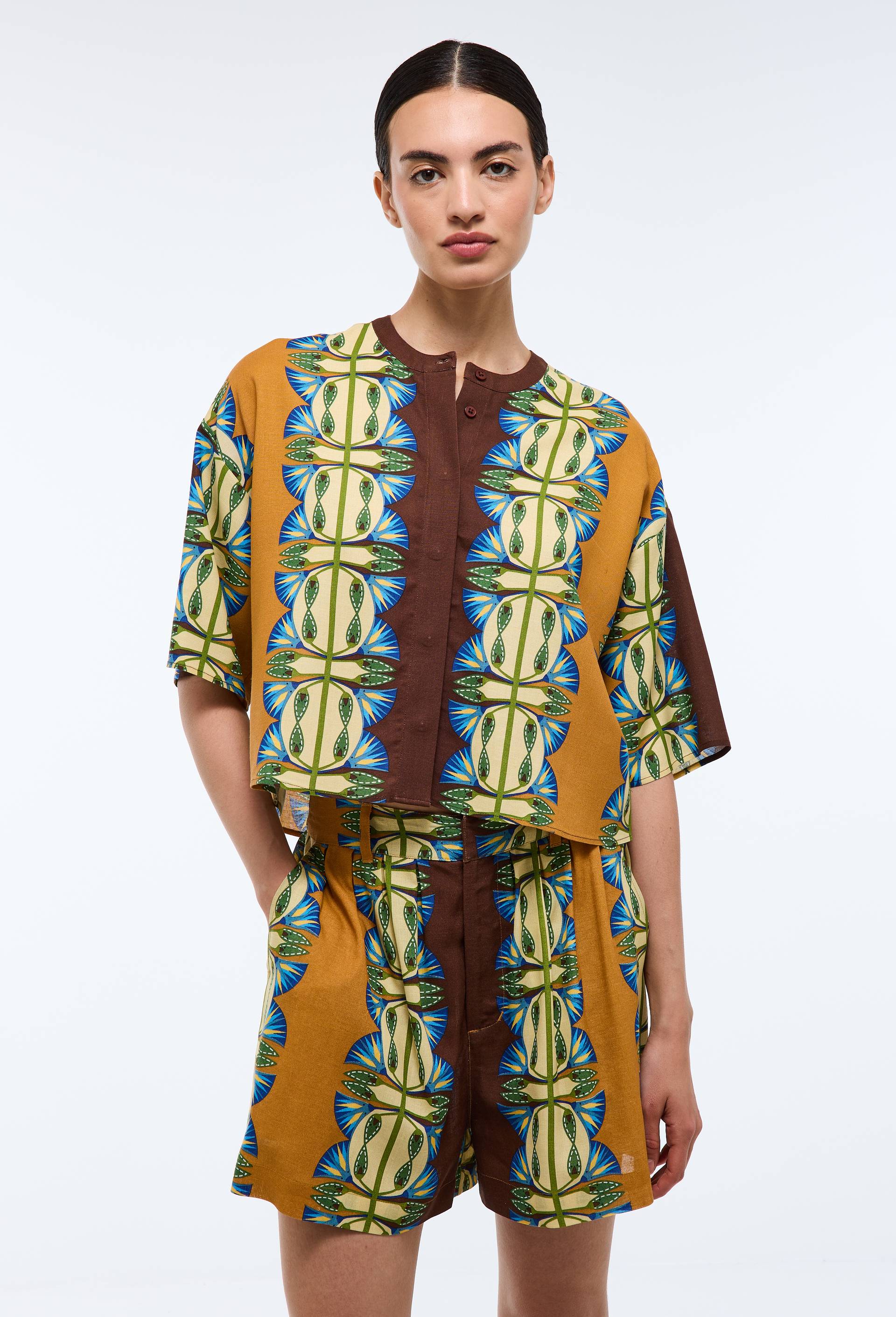 Chemise imprim&eacute;e contenant du lin - LOUIS BARTHELEMY x MONOPRIX, Brun, large image number 1