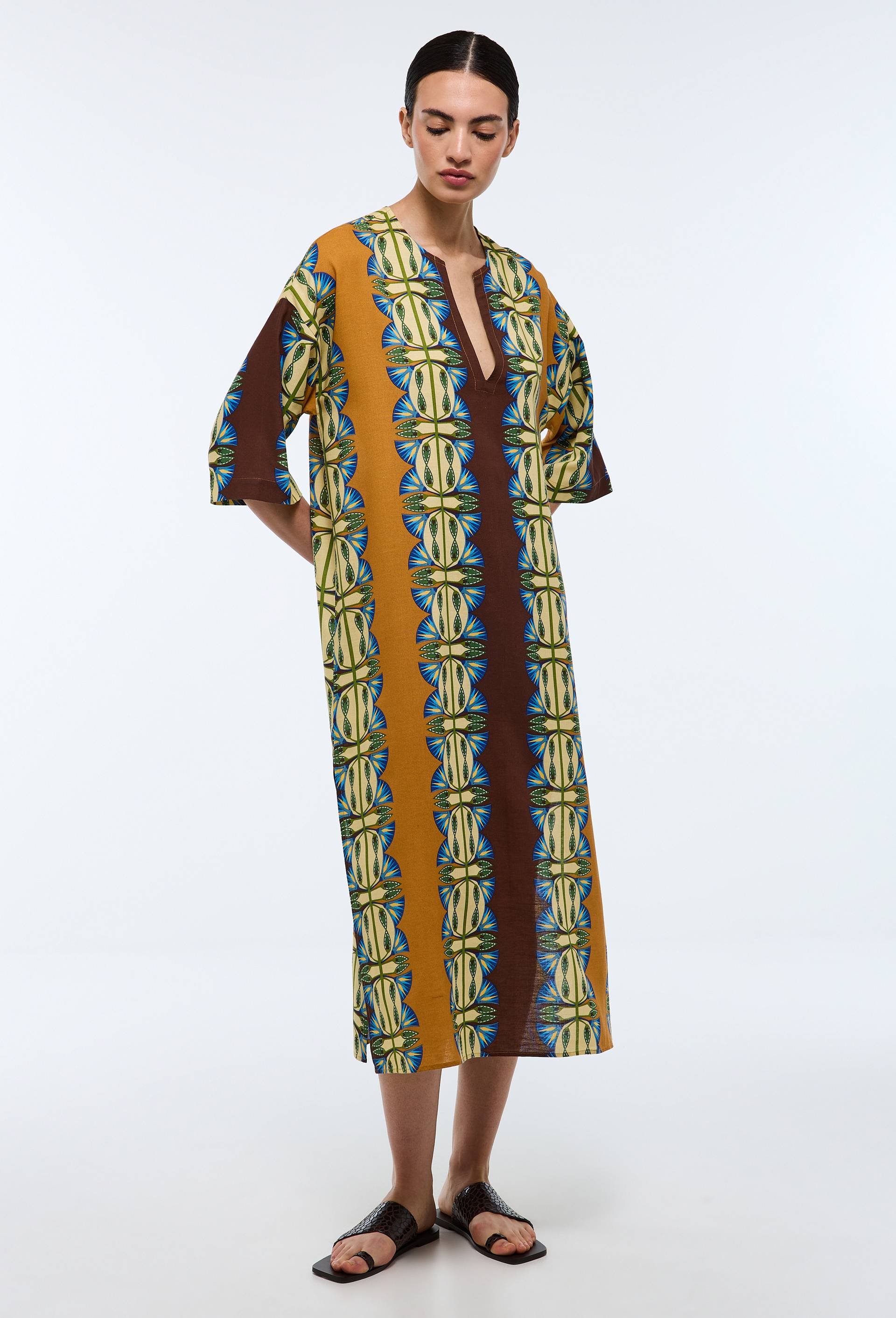 Robe longue fluide imprim&eacute;e contenant du lin - LOUIS BARTHELEMY x MONOPRIX, Brun, large image number 0