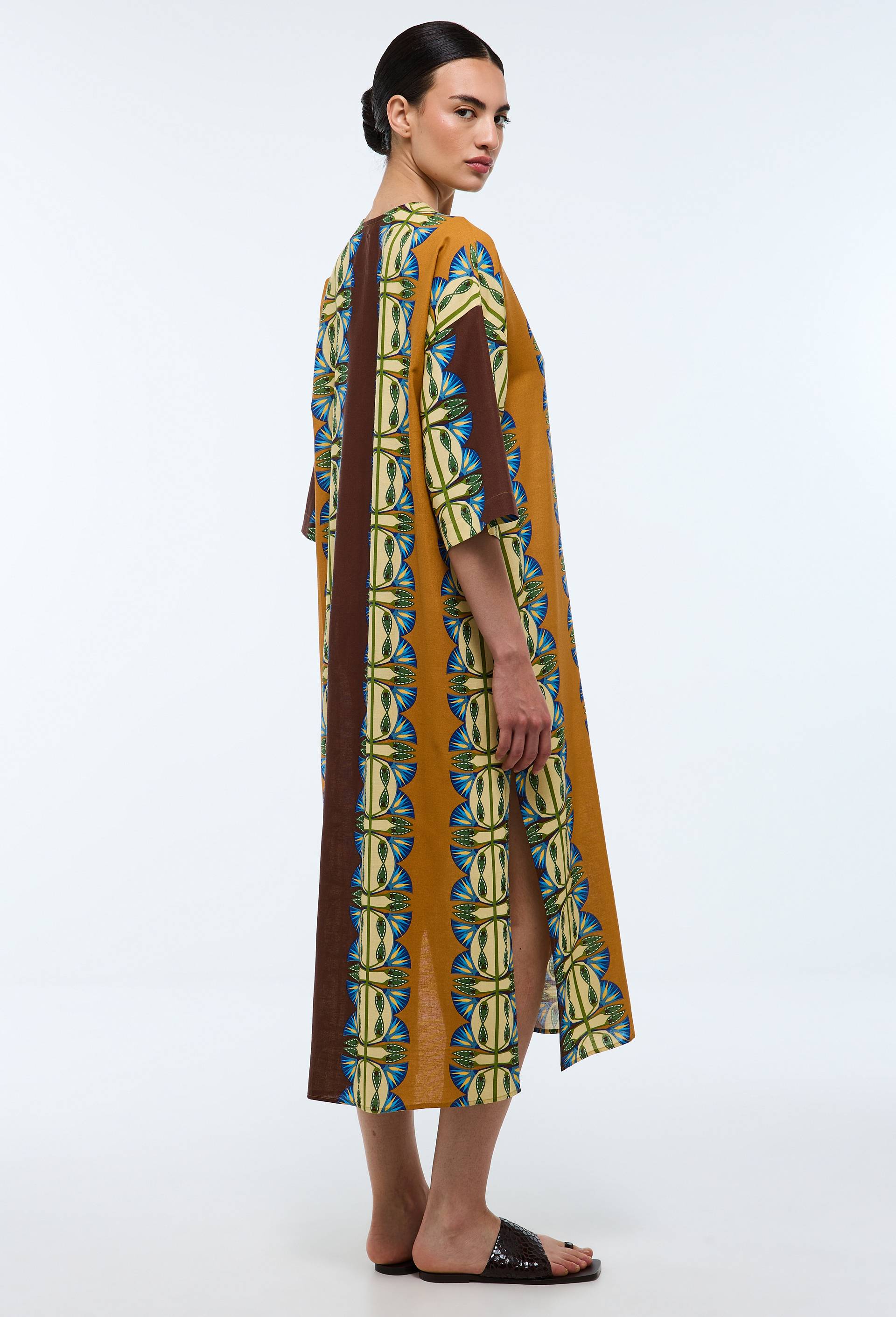 Robe longue fluide imprim&eacute;e contenant du lin - LOUIS BARTHELEMY x MONOPRIX, Brun, large image number 1
