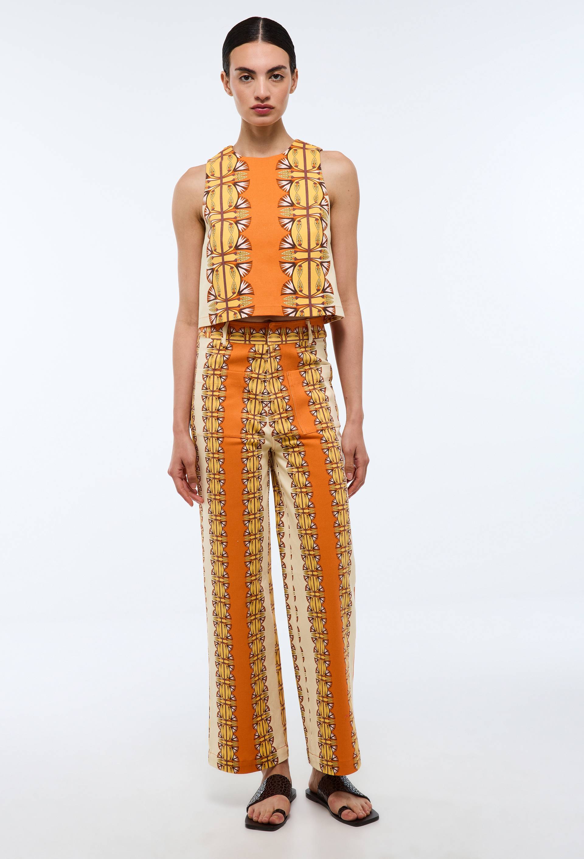 Pantalon imprim&eacute; en coton BIO  GOTS - LOUIS BARTHELEMY x MONOPRIX, Orange, large image number 0.0