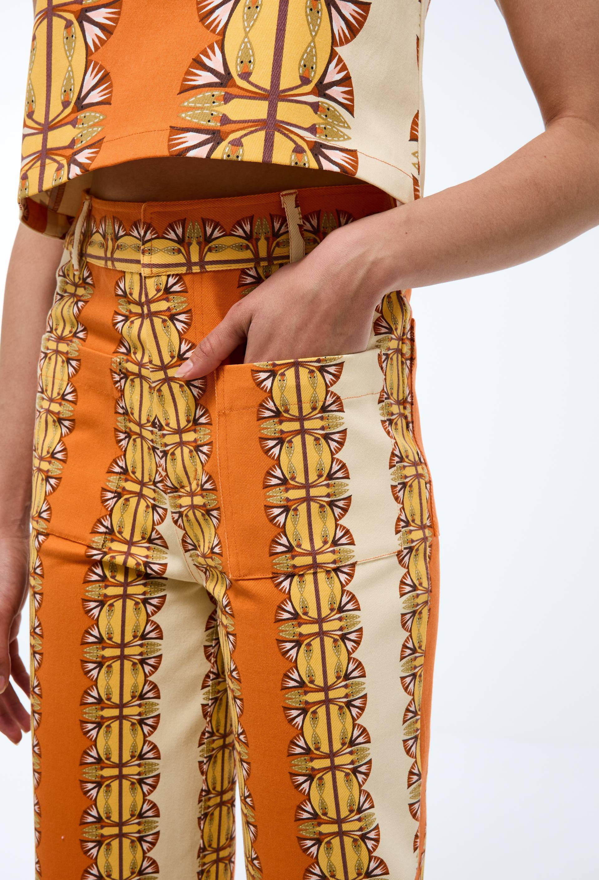 Pantalon imprim&eacute; en coton BIO  GOTS - LOUIS BARTHELEMY x MONOPRIX, Orange, large image number 1