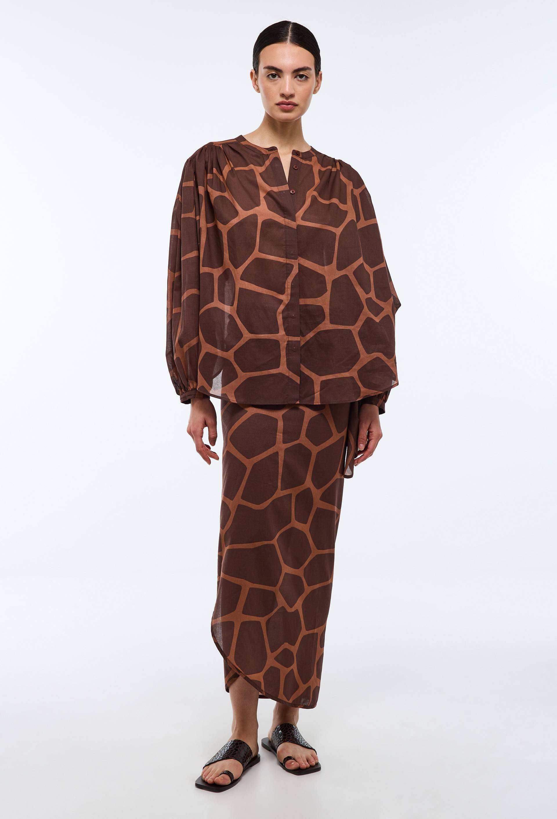 Blouse imprim&eacute;e en voile de coton BIO GOTS - LOUIS BARTHELEMY x MONOPRIX, Brun, large image number 3