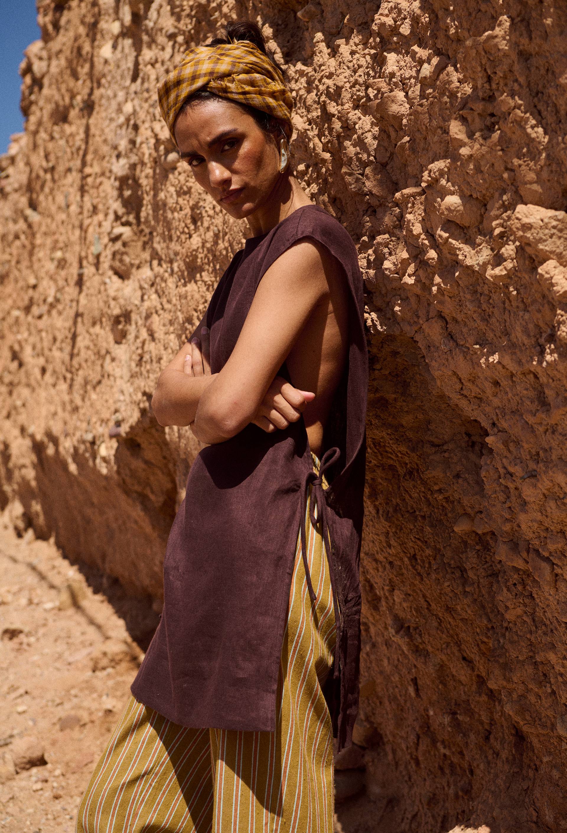 Robe courte sans manches unie en lin, Brun fonc&eacute;, large image number 0.0
