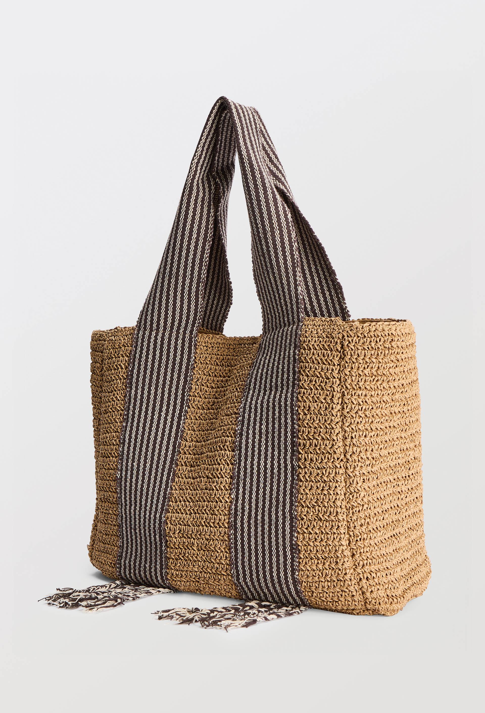 Panier en paille avec anses ray&eacute;es, Beige clair, large image number 1