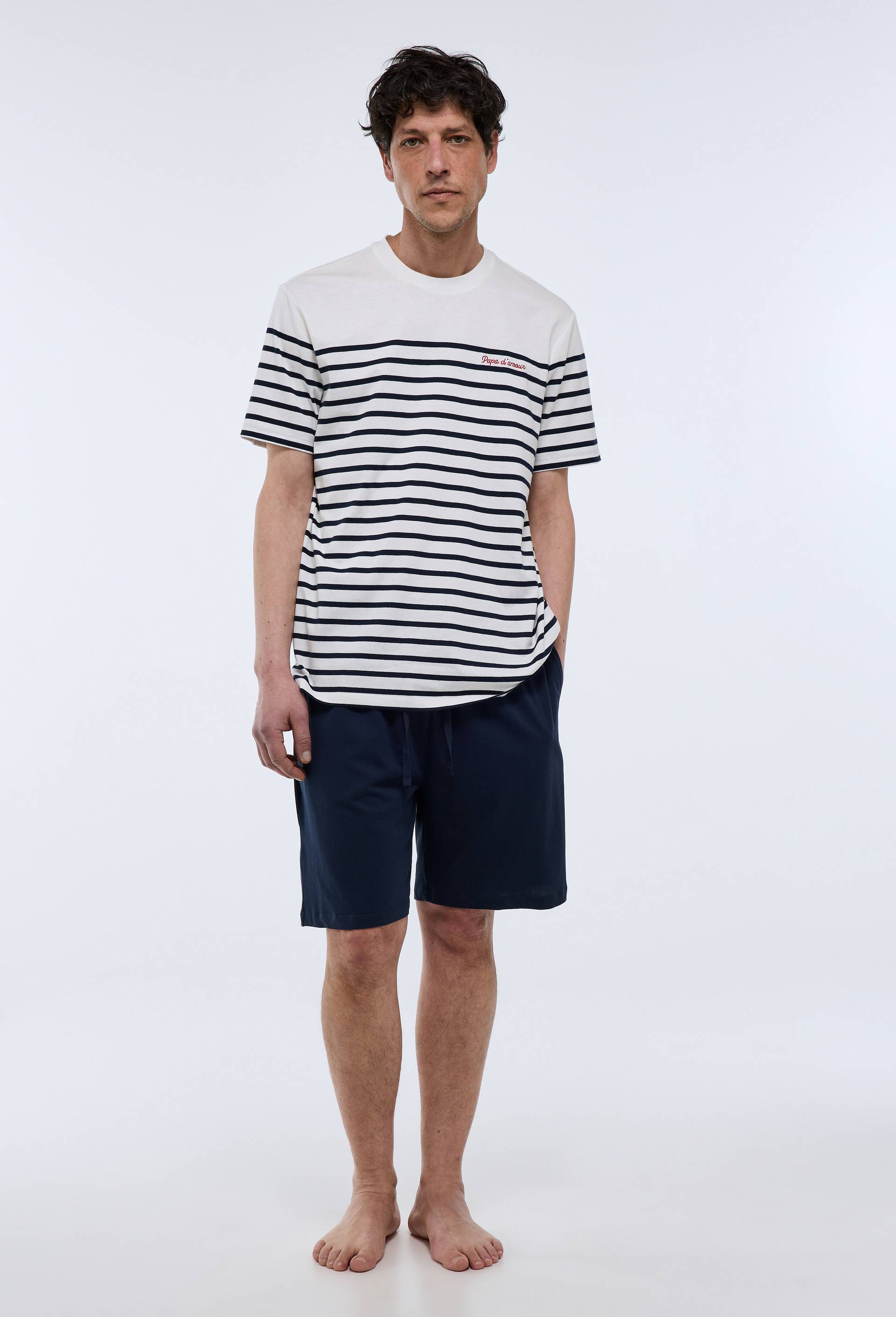 Pyjama t-shirt manches courtes col rond et short en jersey de coton BIO GOTS, Bleu fonc&eacute;, large image number 0