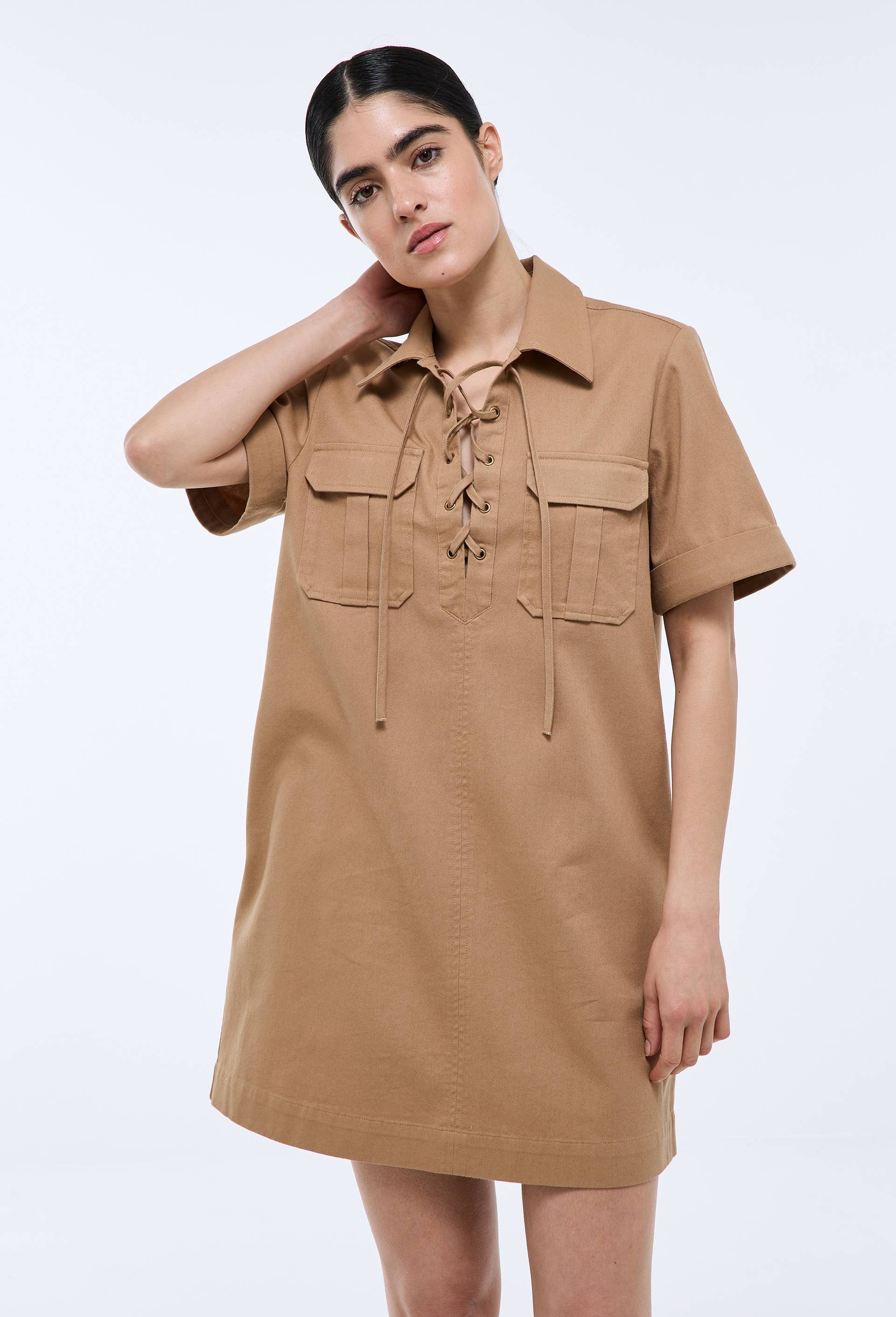 Robe courte col chemise en coton BIO GOTS, Beige, large image number 2.0