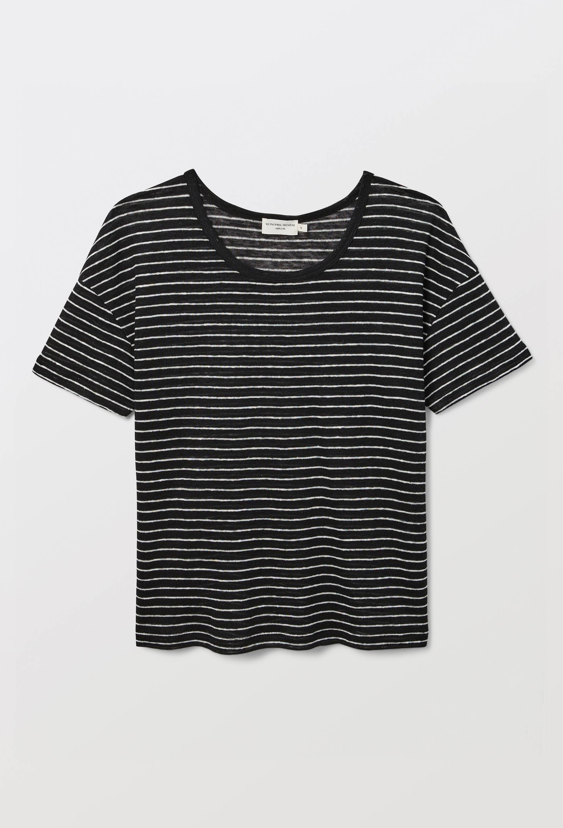 T-shirt col rond ray&eacute; en lin, Noir, large image number 2.0