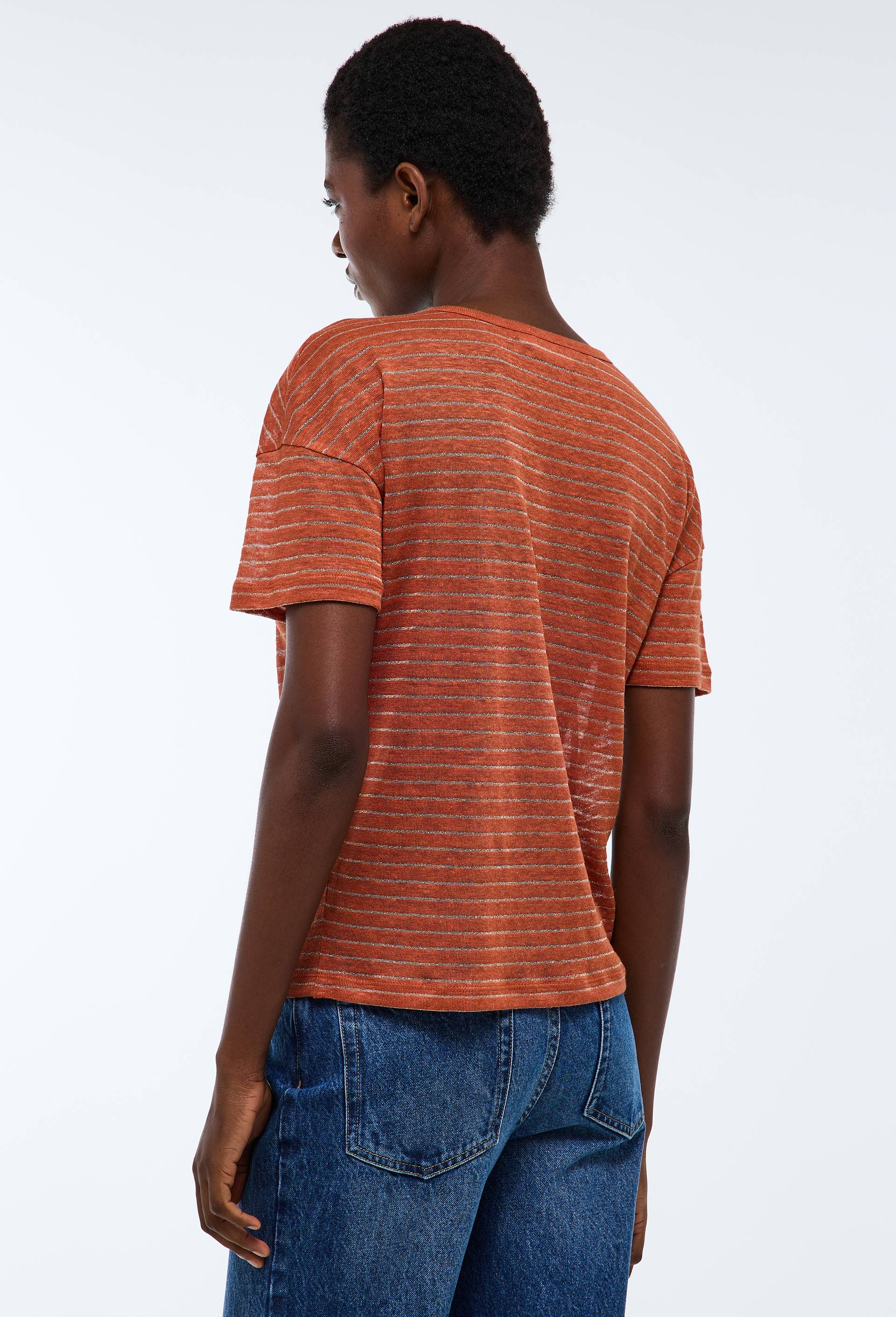 T-shirt col rond ray&eacute; m&eacute;tallis&eacute; en lin, Orange fonc&eacute;, large image number 2