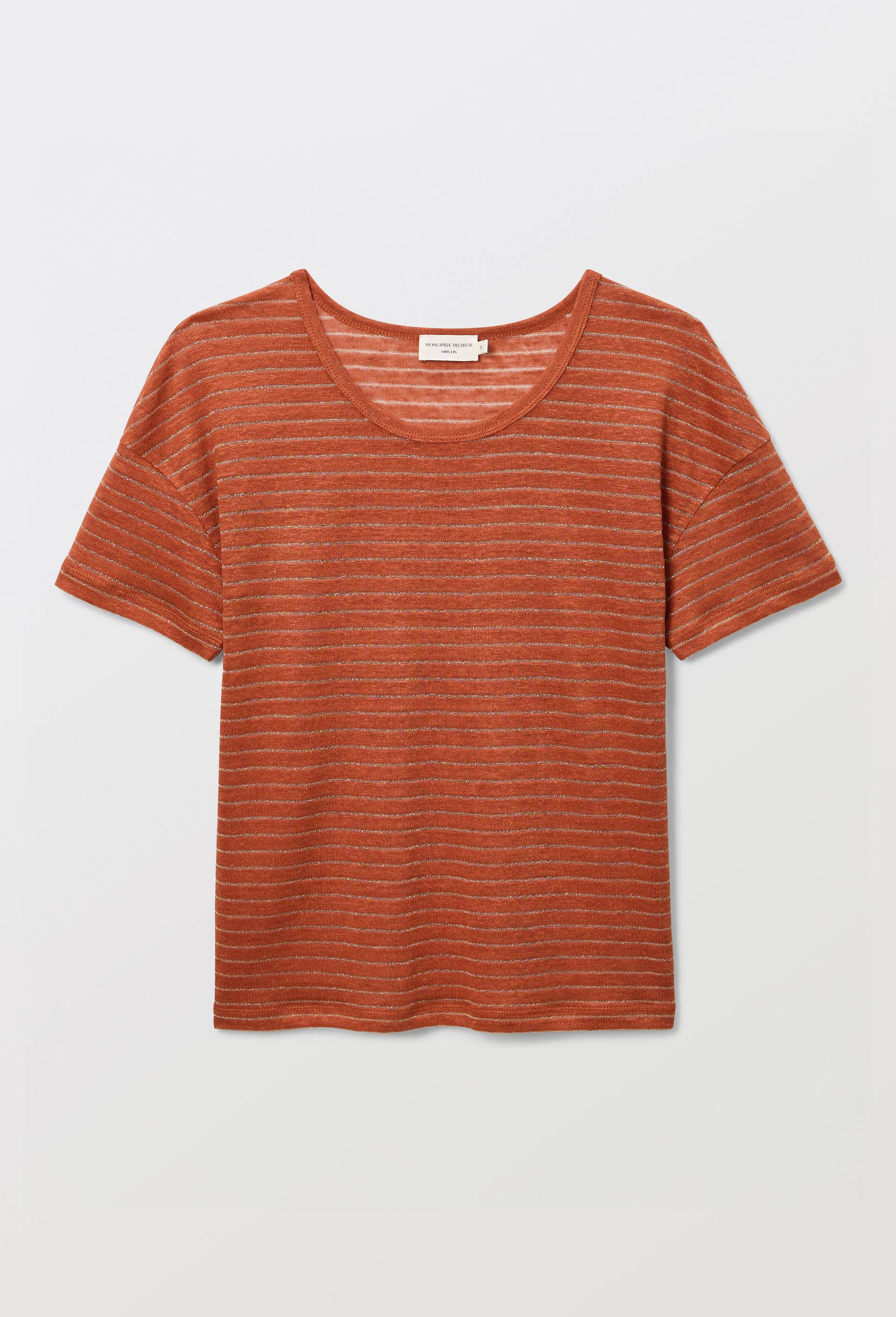 T-shirt col rond ray&eacute; m&eacute;tallis&eacute; en lin, Orange fonc&eacute;, large image number 3.0