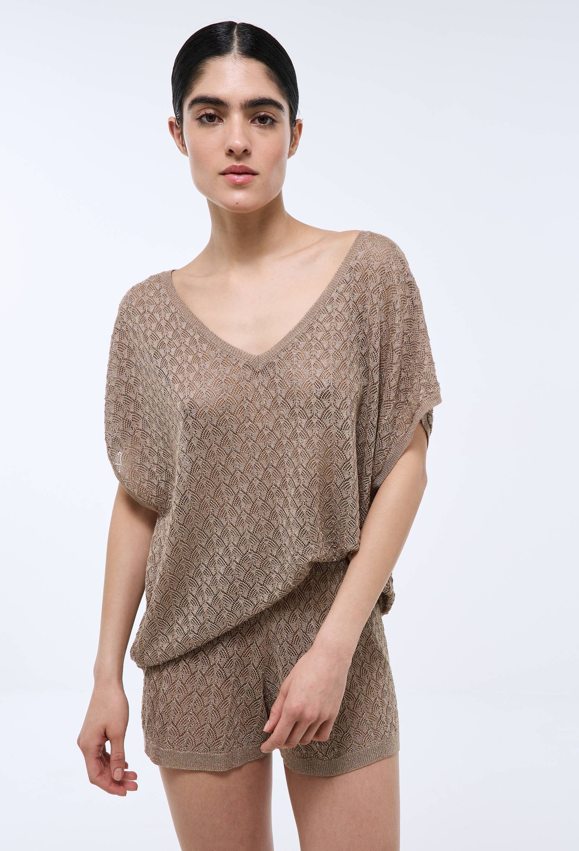 Pull manches courtes ajour&eacute; lurex, Beige, swatch image