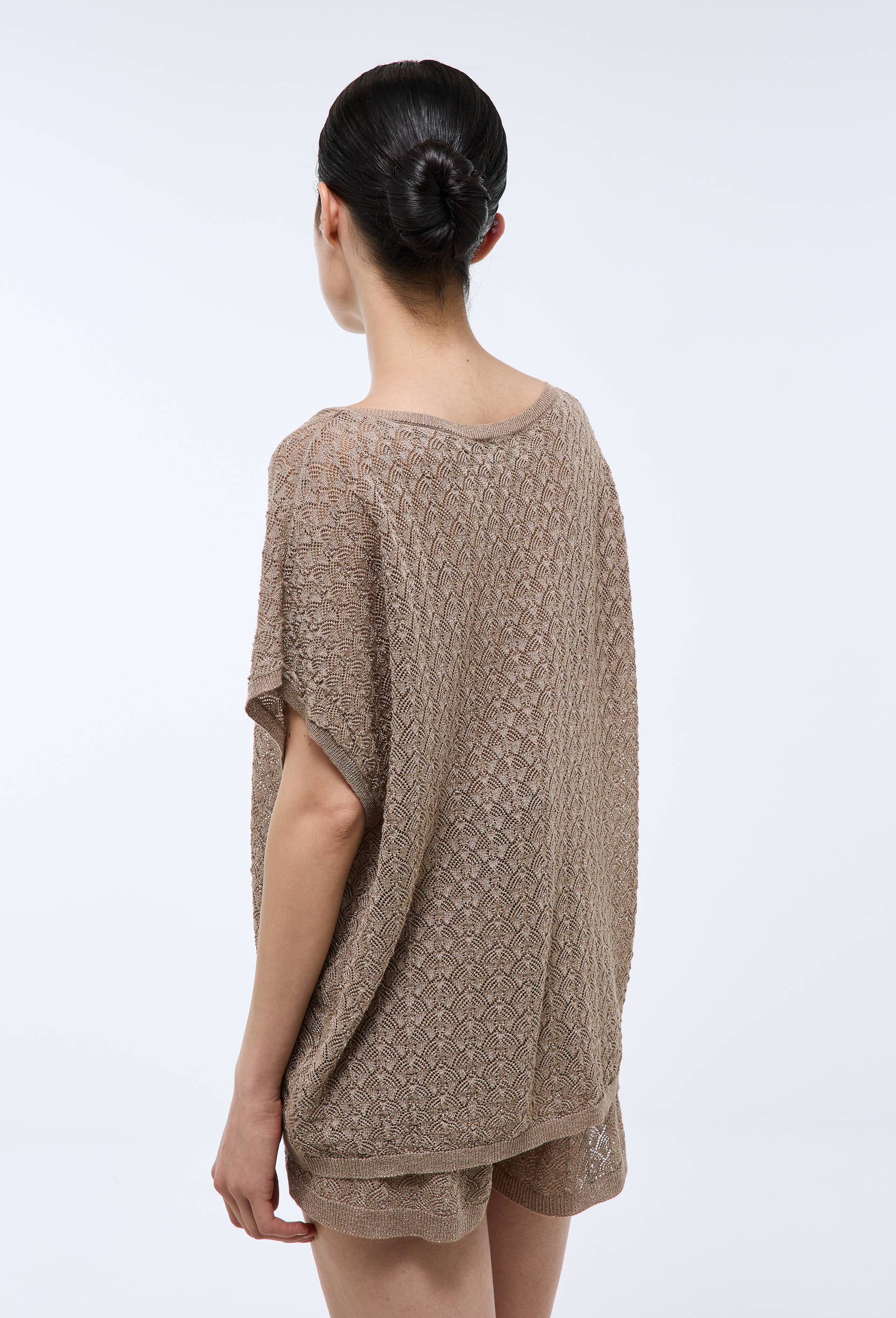 Pull manches courtes ajour&eacute; lurex, Beige, large image number 1