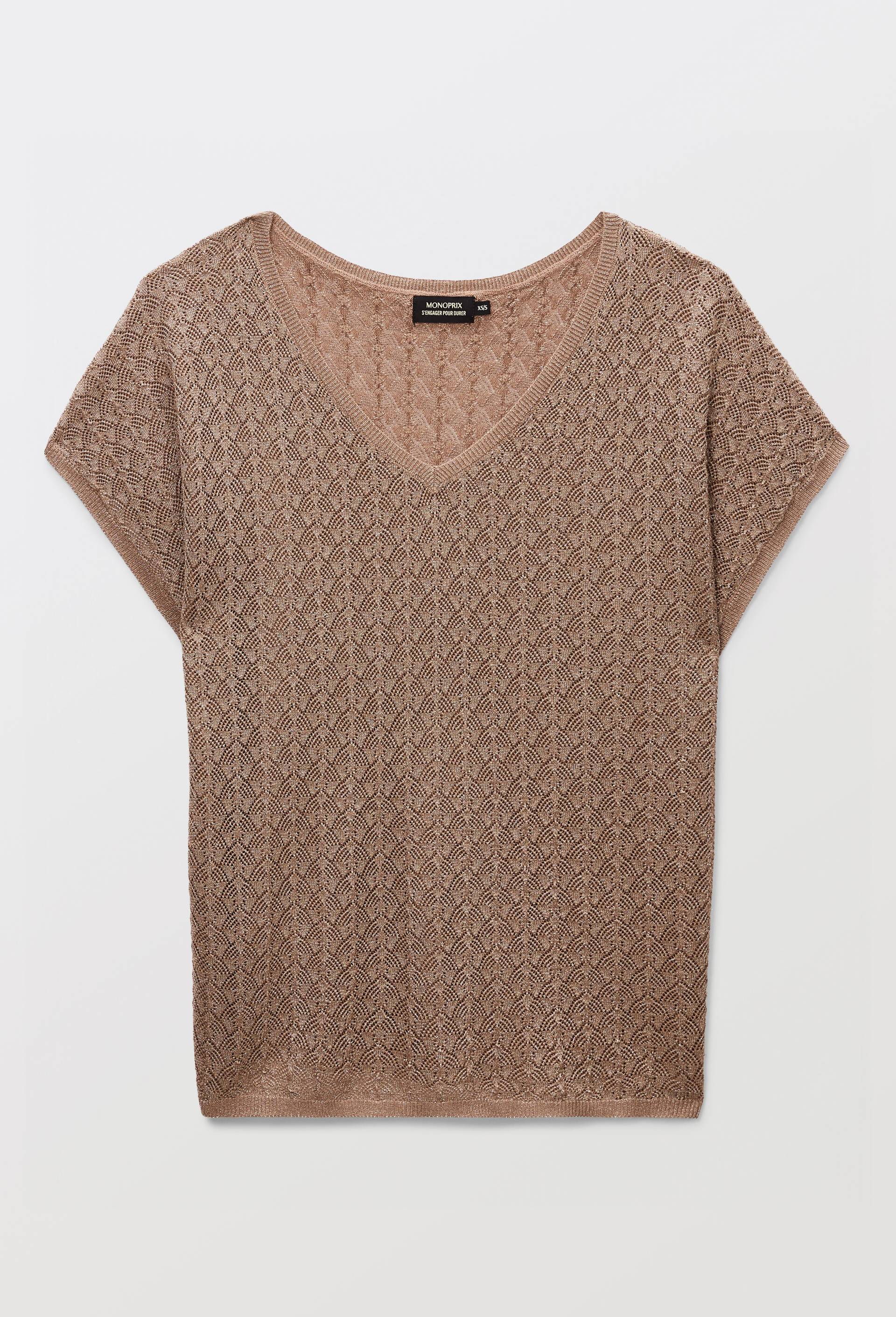 Pull manches courtes ajour&eacute; lurex, Beige, large image number 2