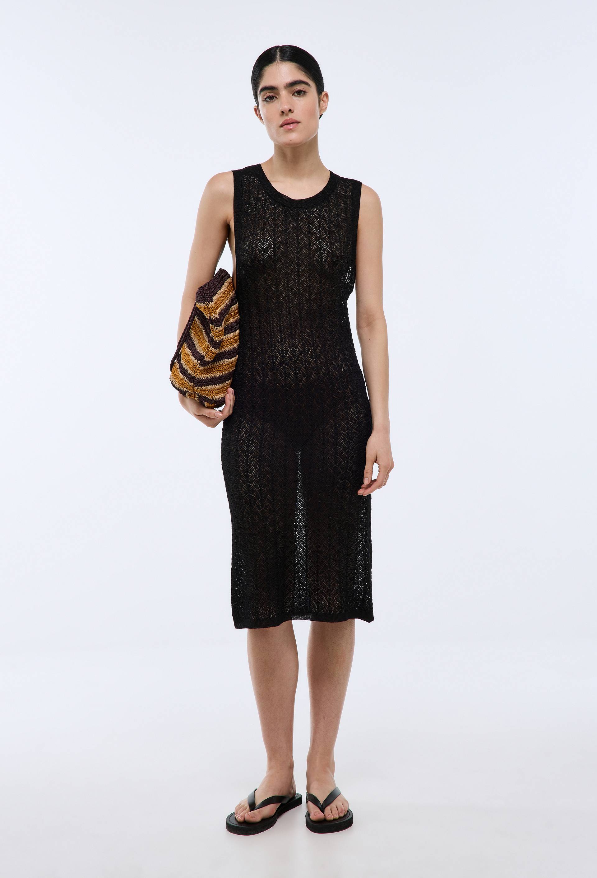 Robe maille courte ajour&eacute;e d&eacute;tails lurex, Noir, large image number 0