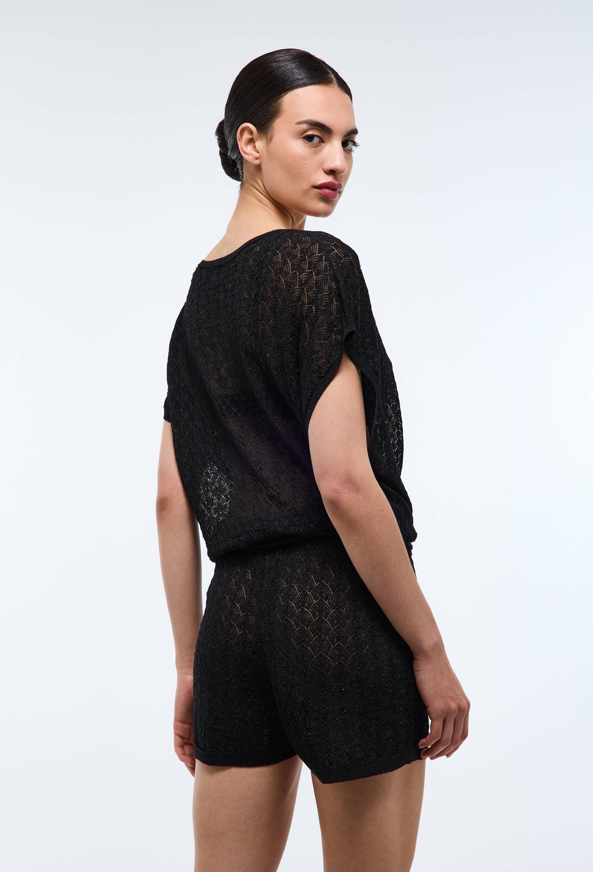 Short en maille ajour&eacute;, d&eacute;tails lurex, Noir, large image number 1.0