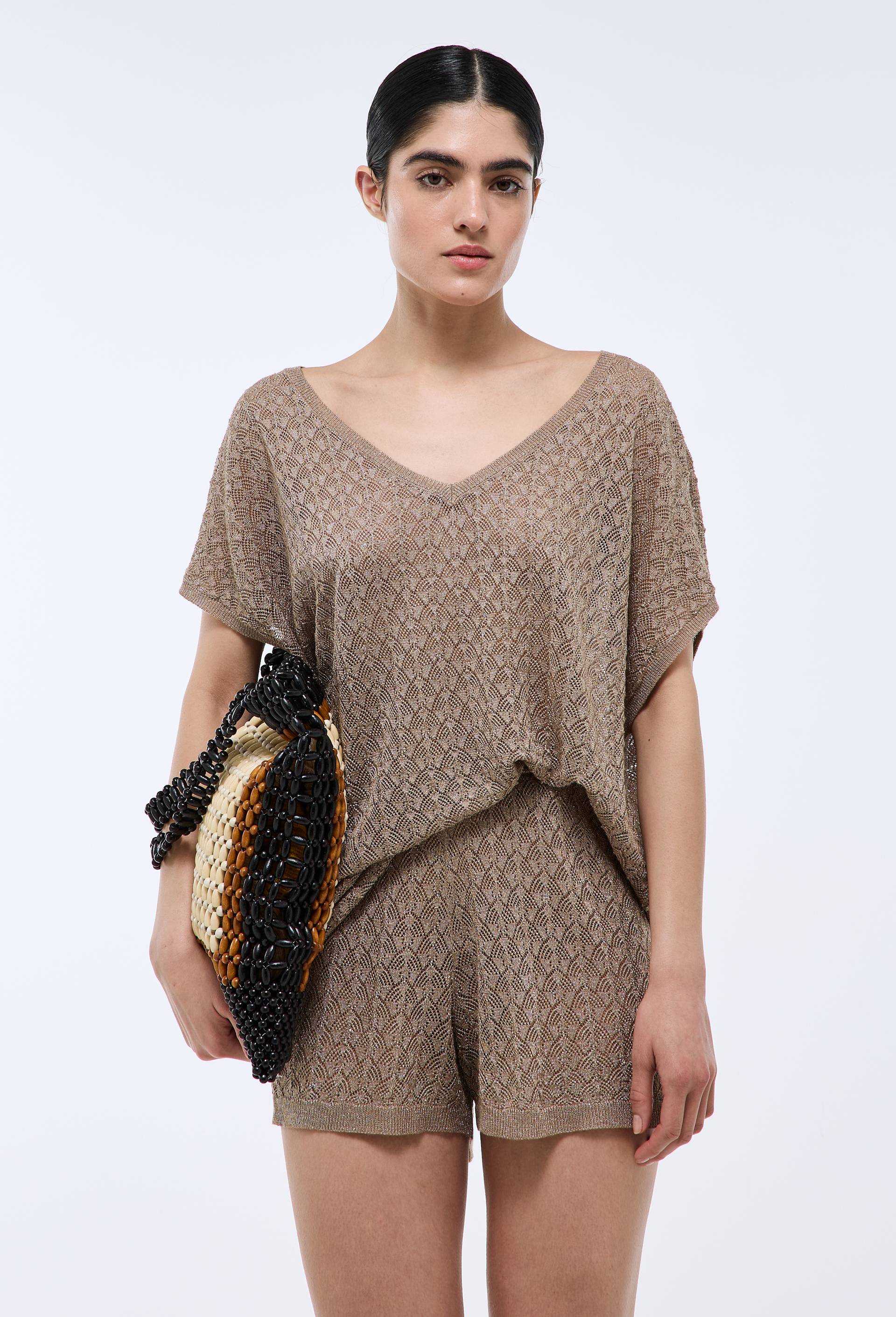 Short en maille ajour&eacute;, d&eacute;tails lurex, Beige, swatch image