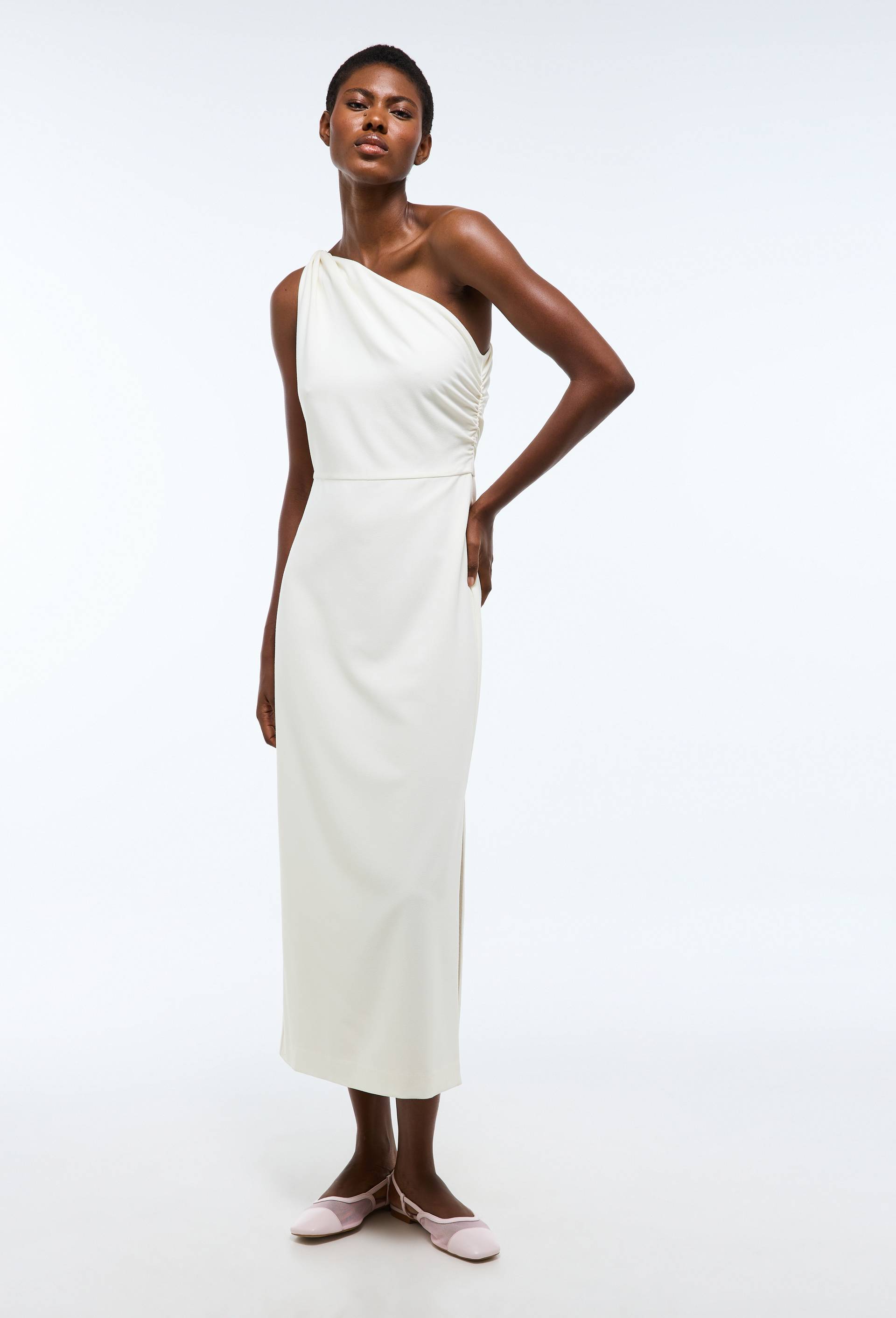 Robe longue asym&eacute;trique unie, Ecru, large