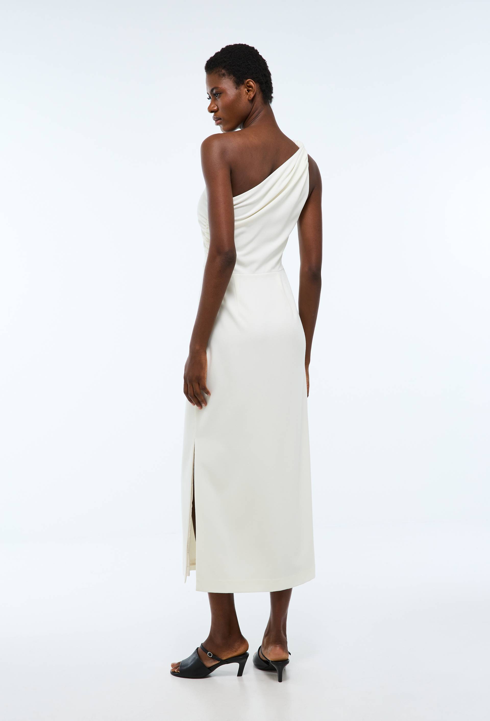 Robe longue asym&eacute;trique unie, Ecru, large