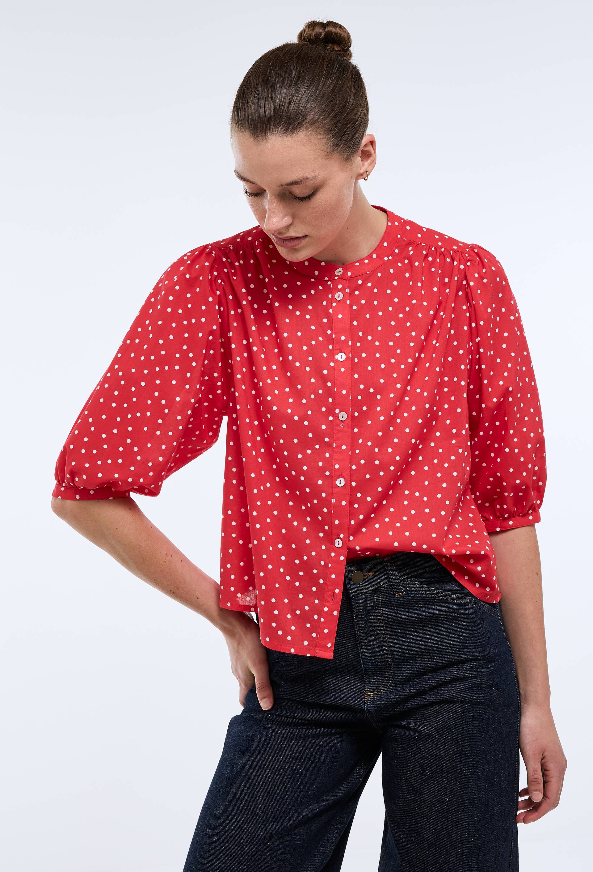 Chemise manches trois quarts imprim&eacute;e en coton BIO GOTS, Rouge, large image number 0