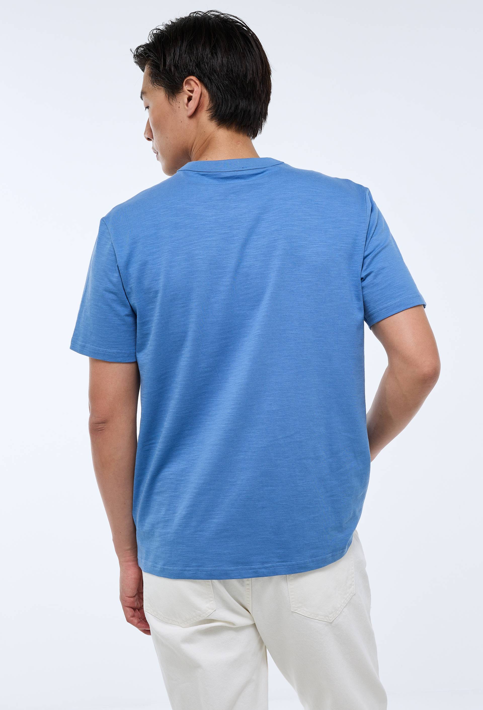 T-shirt manches courtes col tunisien en coton bio GOTS, Bleu, large image number 1.0