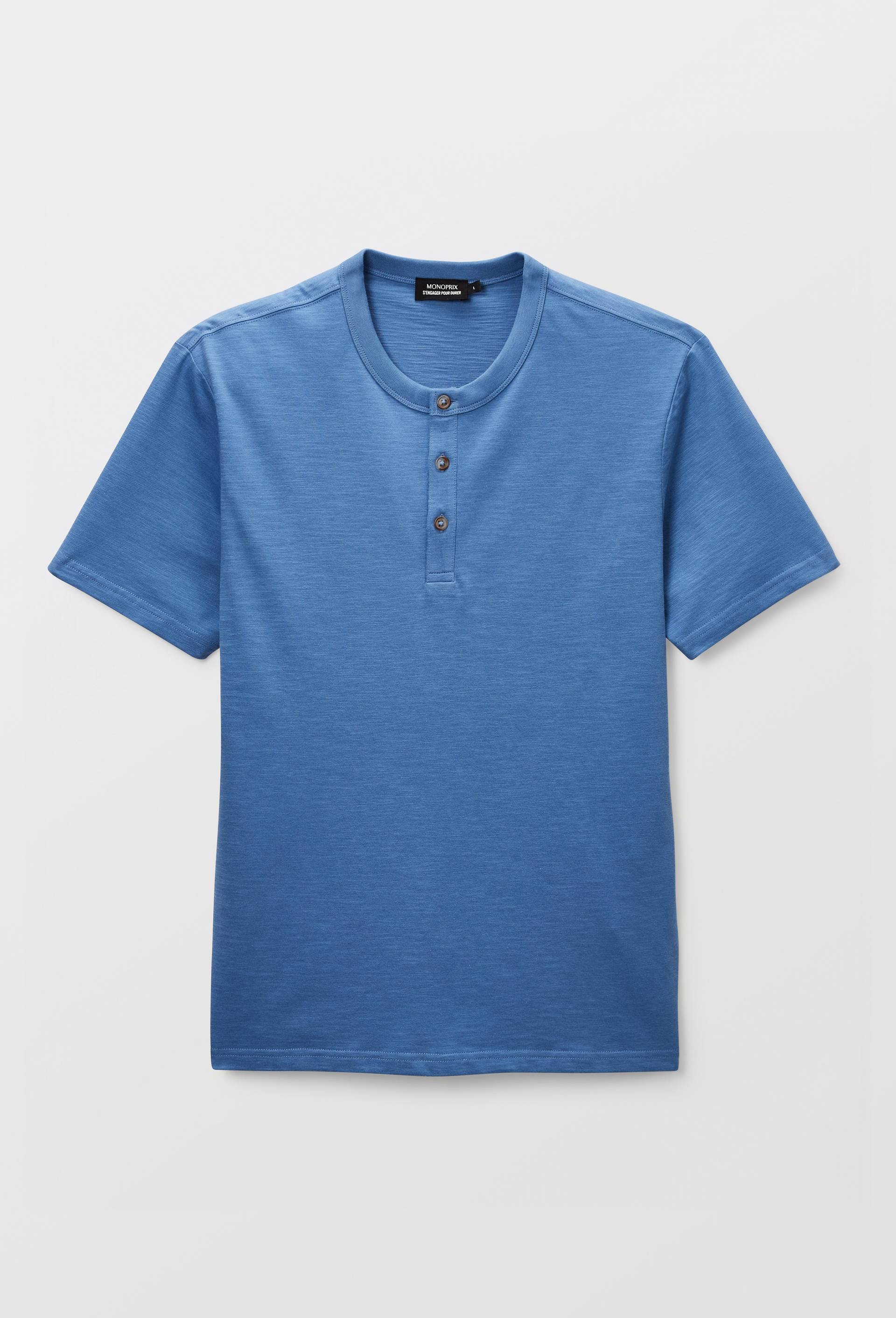 T-shirt manches courtes col tunisien en coton bio GOTS, Bleu, large image number 2.0