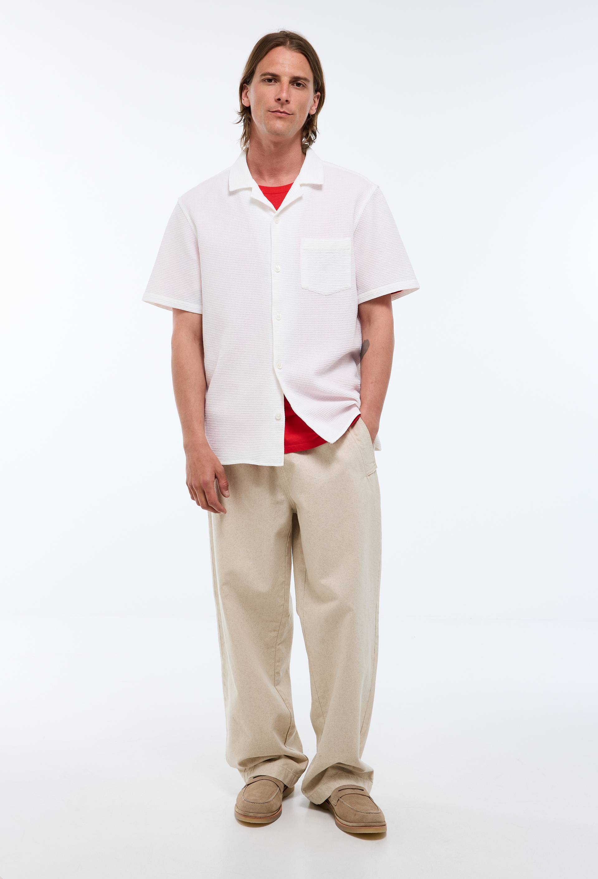 Chemise manches courtes gaufr&eacute;e en coton bio GOTS, Ecru, large image number 0.0